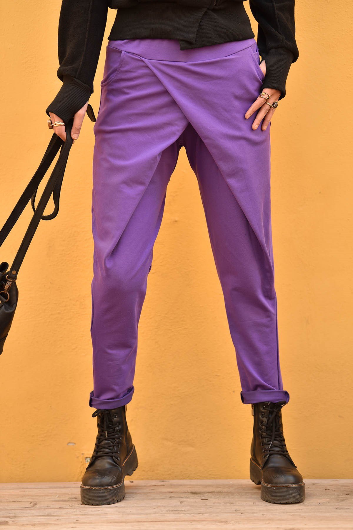  Mor Önü Kruvaze Şalvar Pantolon