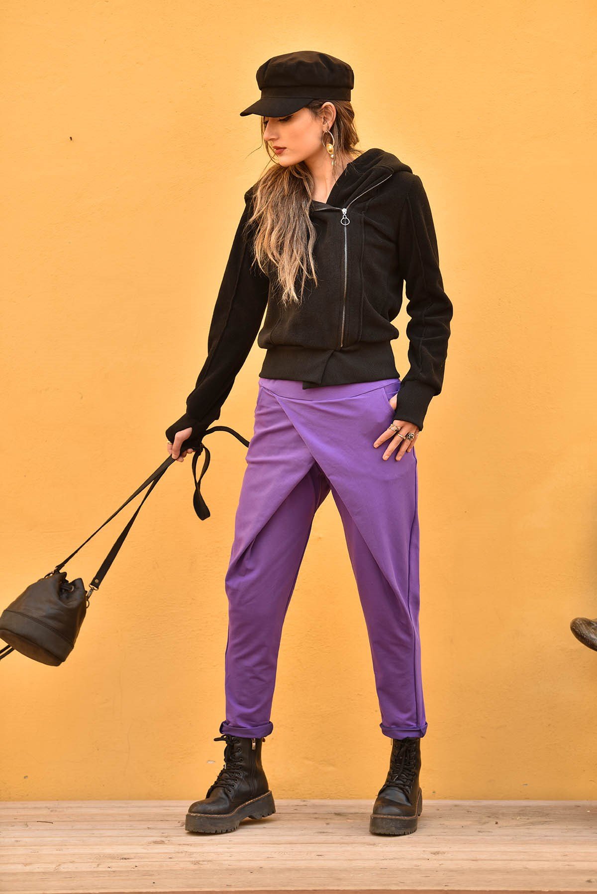  Mor Önü Kruvaze Şalvar Pantolon