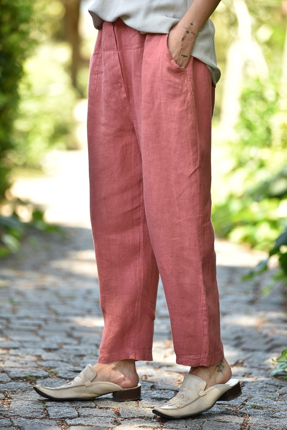 Pembe Keten Judith Pantolon- Şaman Butik Pembe Keten Judith Pantolon