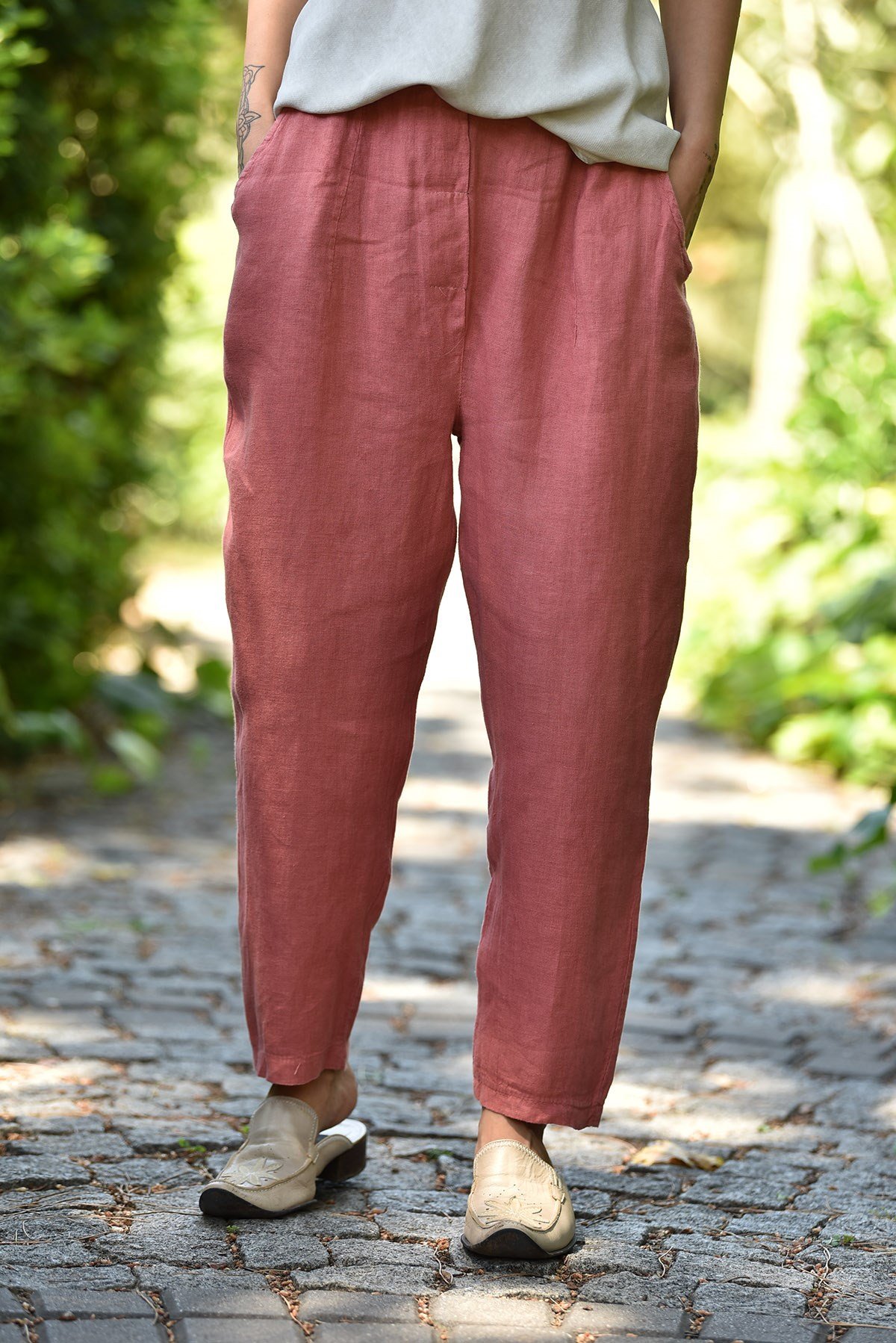 Pembe Keten Judith Pantolon- Şaman Butik Pembe Keten Judith Pantolon