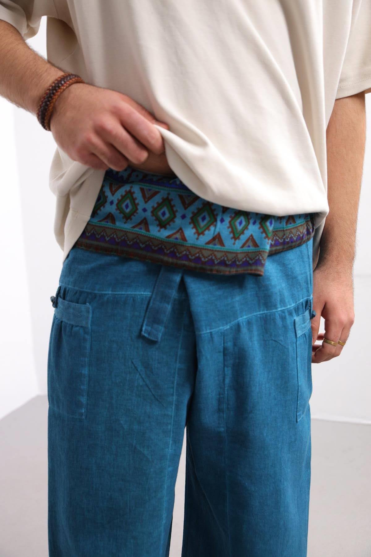  Petrol Mavi Yağ Yıkama Balıkçı Pantolon