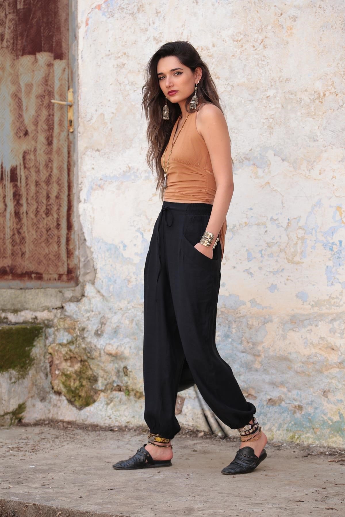  Siyah Bohem Stil Paça Lastikli Pantolon