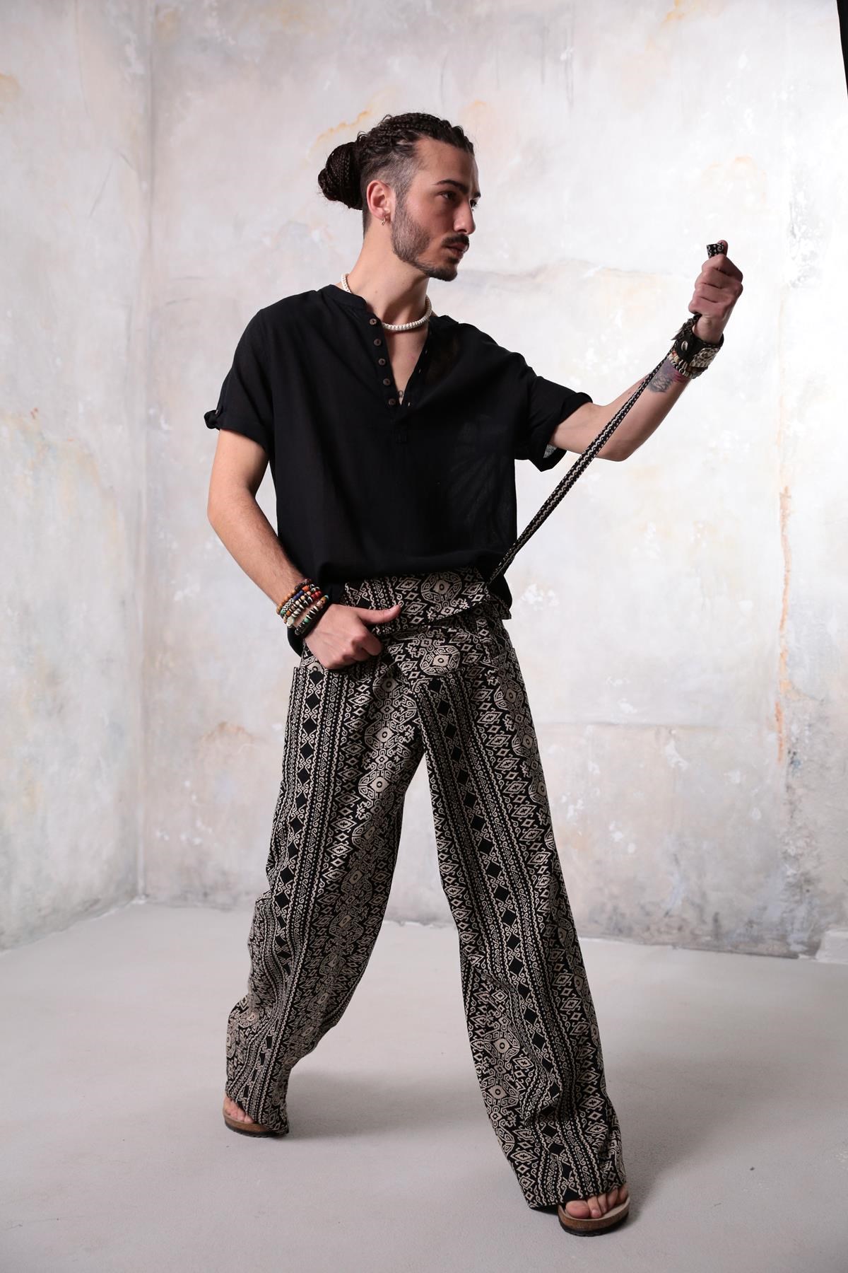  Siyah Desenli Rahat Kesim Balıkçı Pantolon