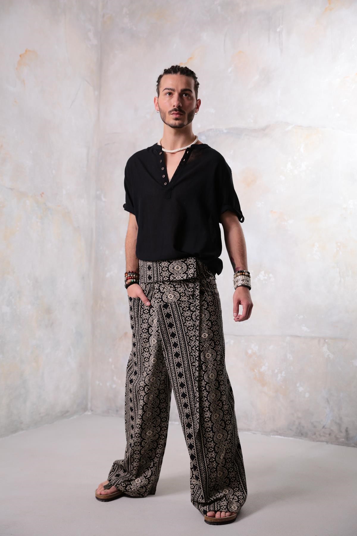  Siyah Desenli Rahat Kesim Balıkçı Pantolon