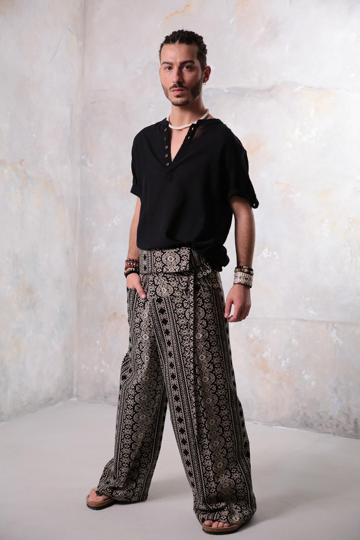  Siyah Desenli Rahat Kesim Balıkçı Pantolon