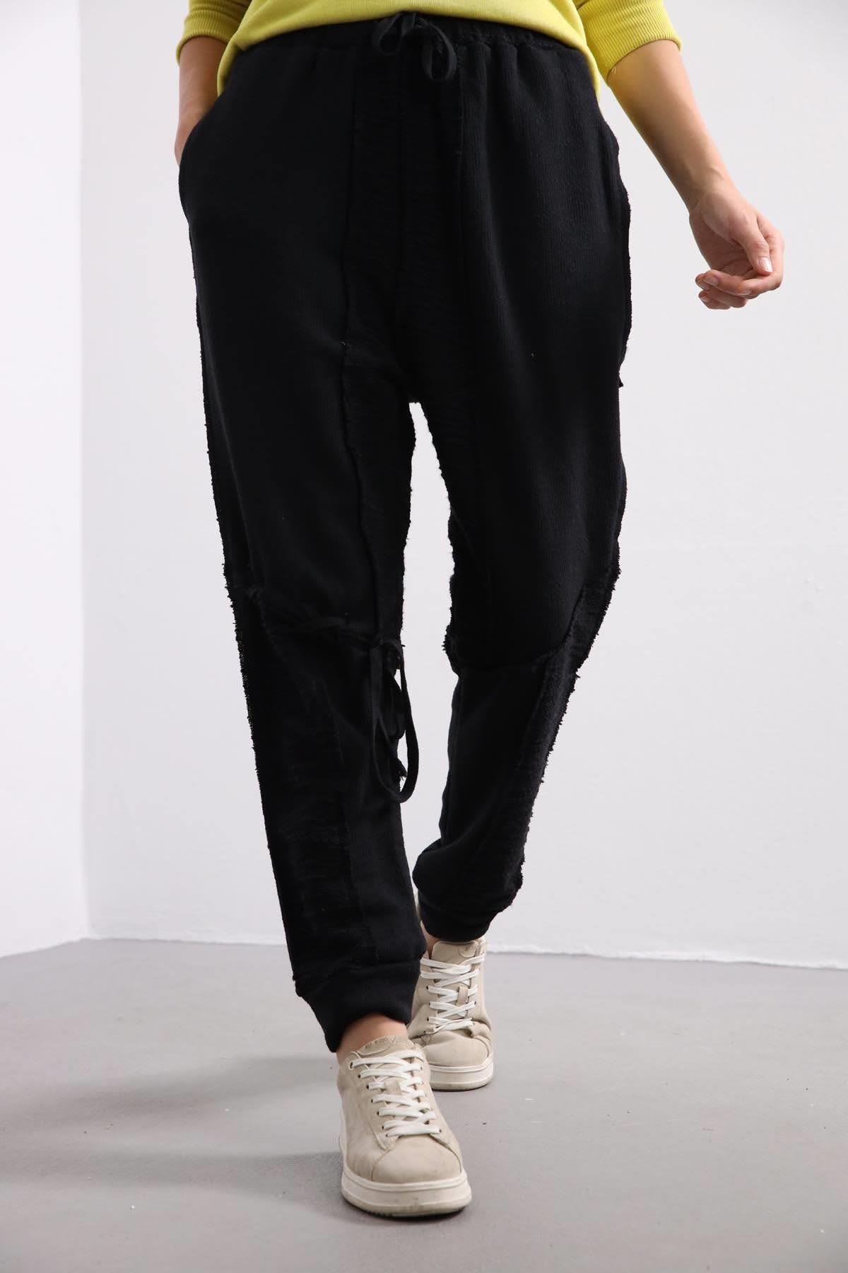 Black Tie and Stitch Detail Trousers - Şaman Butik | Shop Online Black Tie and Stitch Detail Trousers