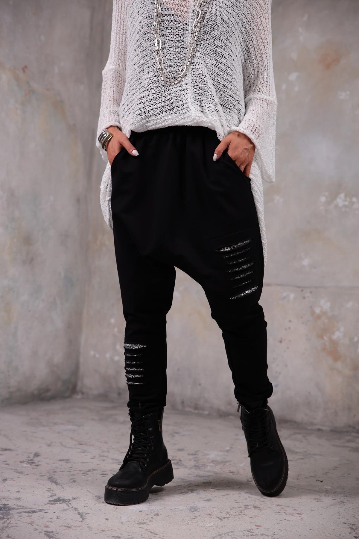 Siyah Pullu Dar Paça Pantolon - Şaman Butik Siyah Pullu Dar Paça Pantolon