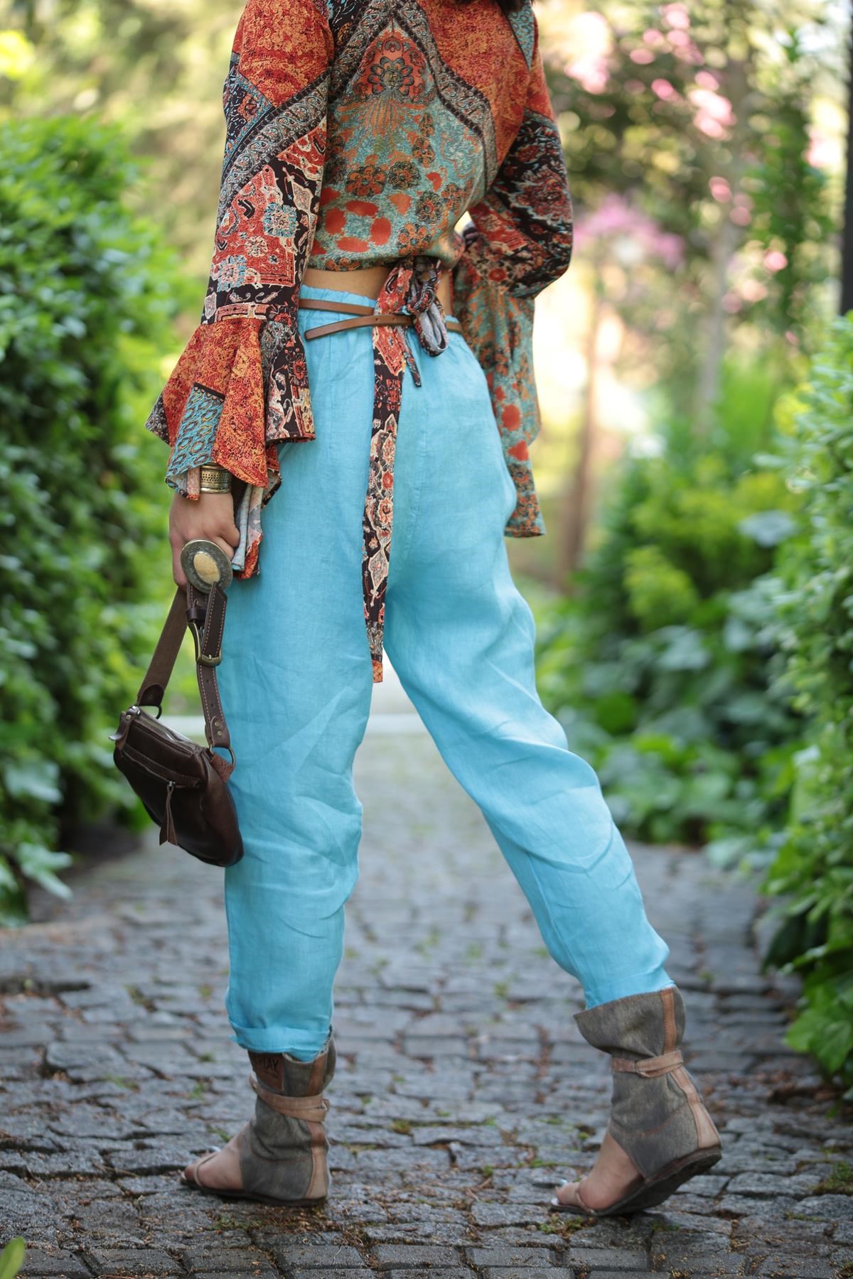Turkuaz Keten Judith Pantolon - Şaman Butik Turkuaz Keten Judith Pantolon
