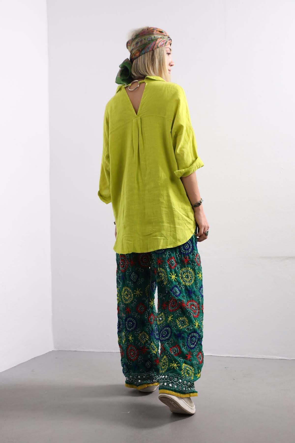 Zümrüt Yeşili İşlemeli Bohem Pantolon - Şaman Butik Zümrüt Yeşili İşlemeli Bohem Pantolon