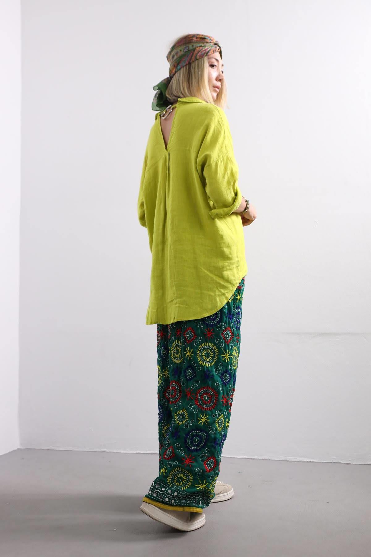 Zümrüt Yeşili İşlemeli Bohem Pantolon - Şaman Butik Zümrüt Yeşili İşlemeli Bohem Pantolon