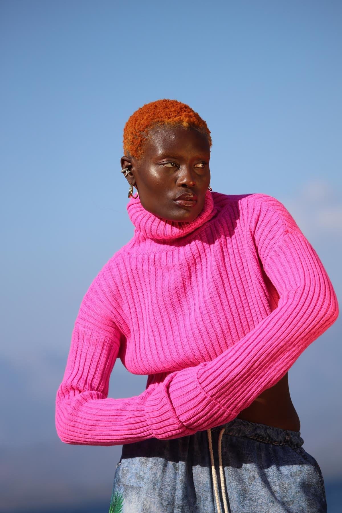 Pink Turtleneck Crop Sweater