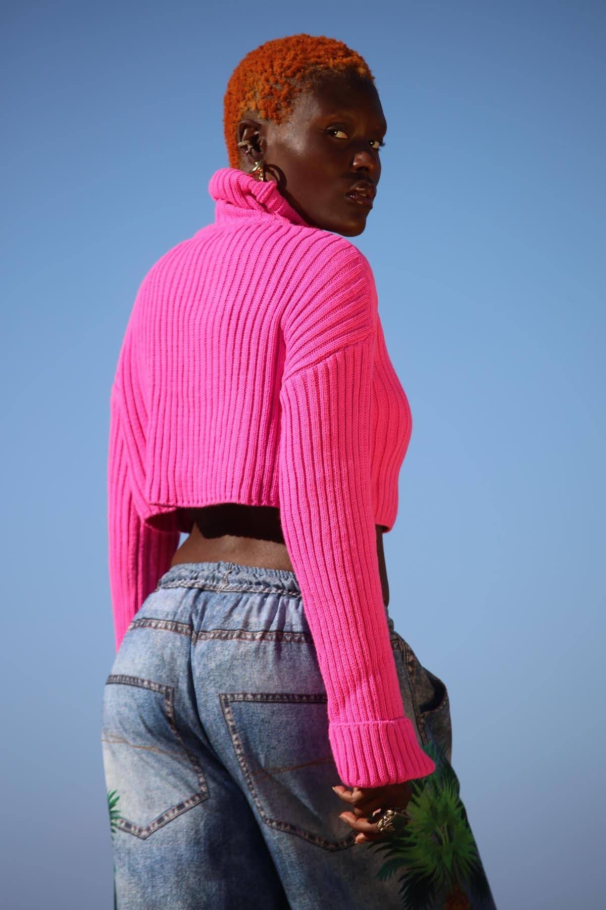 Pink Turtleneck Crop Sweater