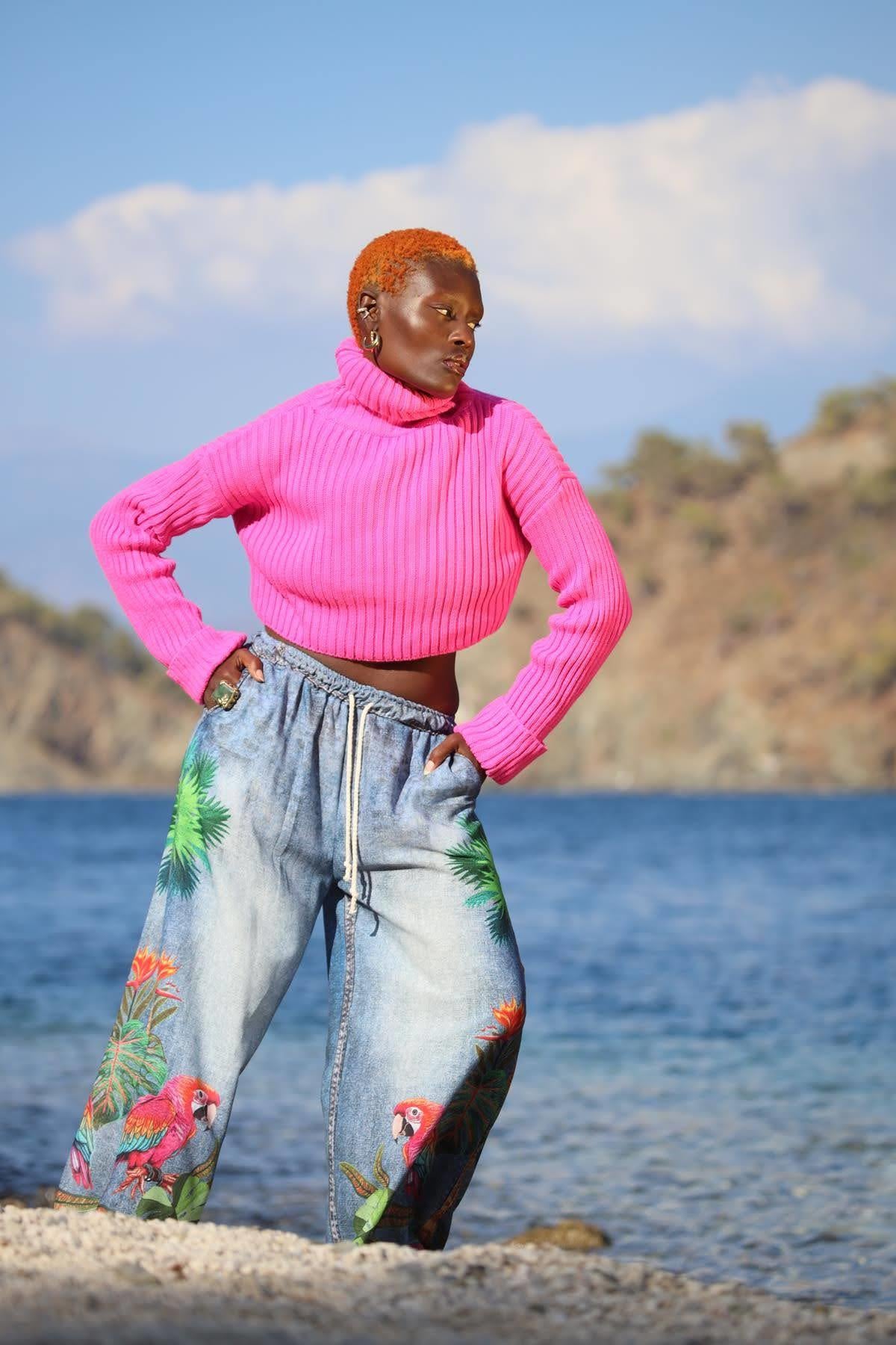 Pink Turtleneck Crop Sweater