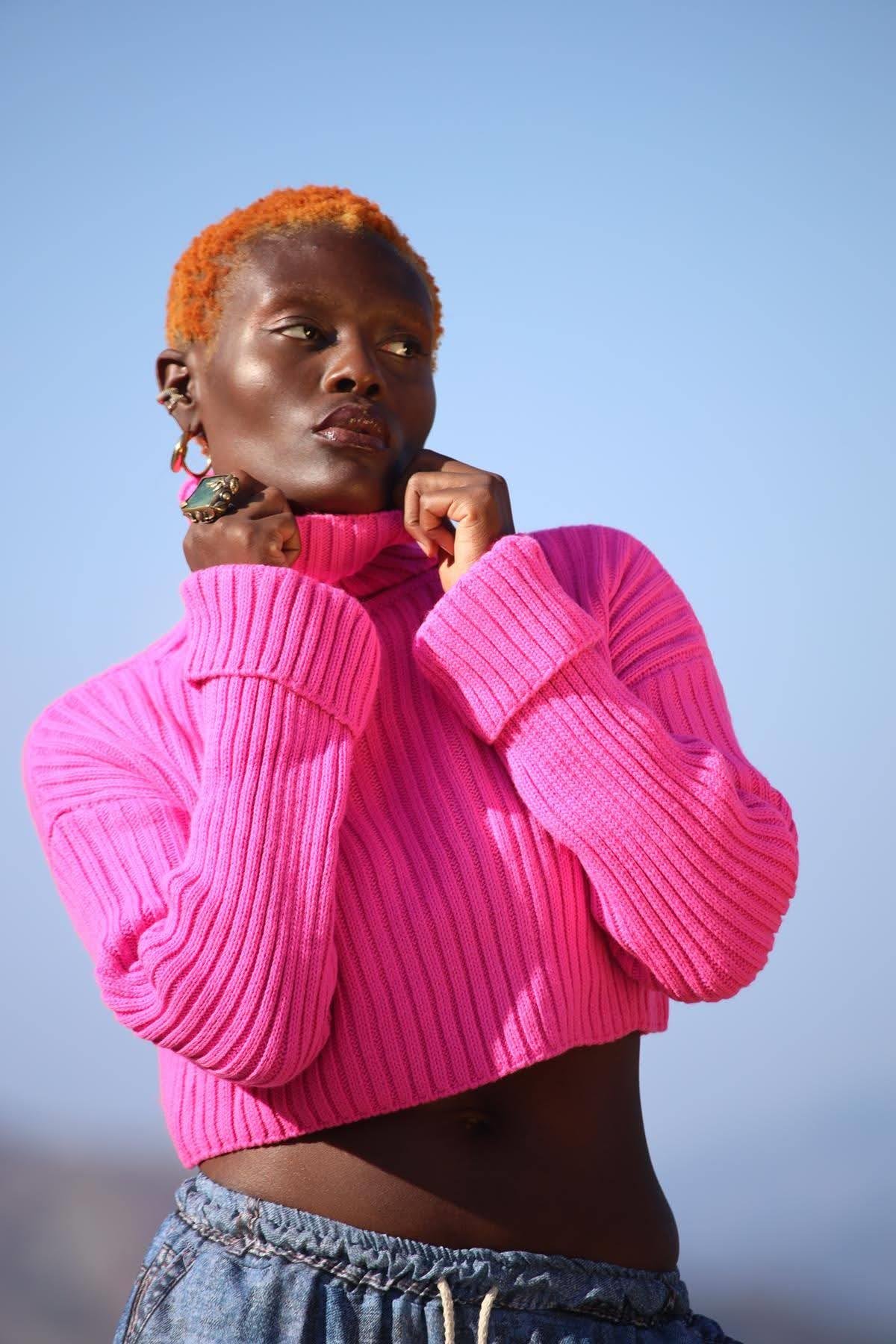Pink Turtleneck Crop Sweater