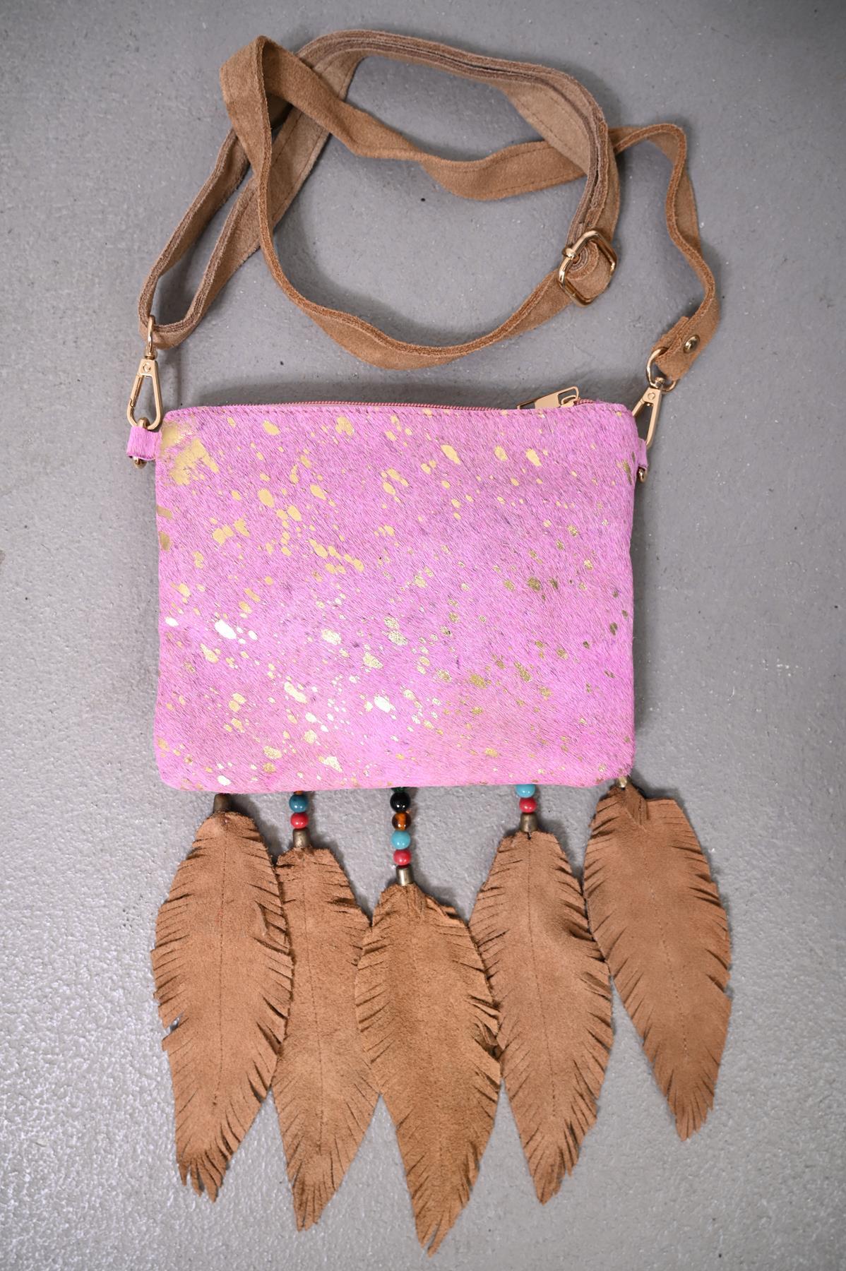 Pembe Deniz Kabuklu Boncuk Püsküllü Tay Tüyü Tasarım Çanta