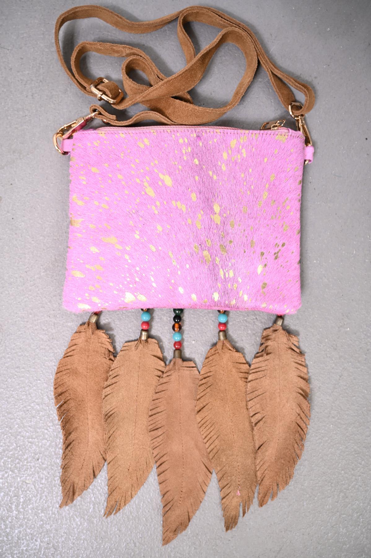 Pembe Deniz Kabuklu Boncuk Püsküllü Tay Tüyü Tasarım Çanta