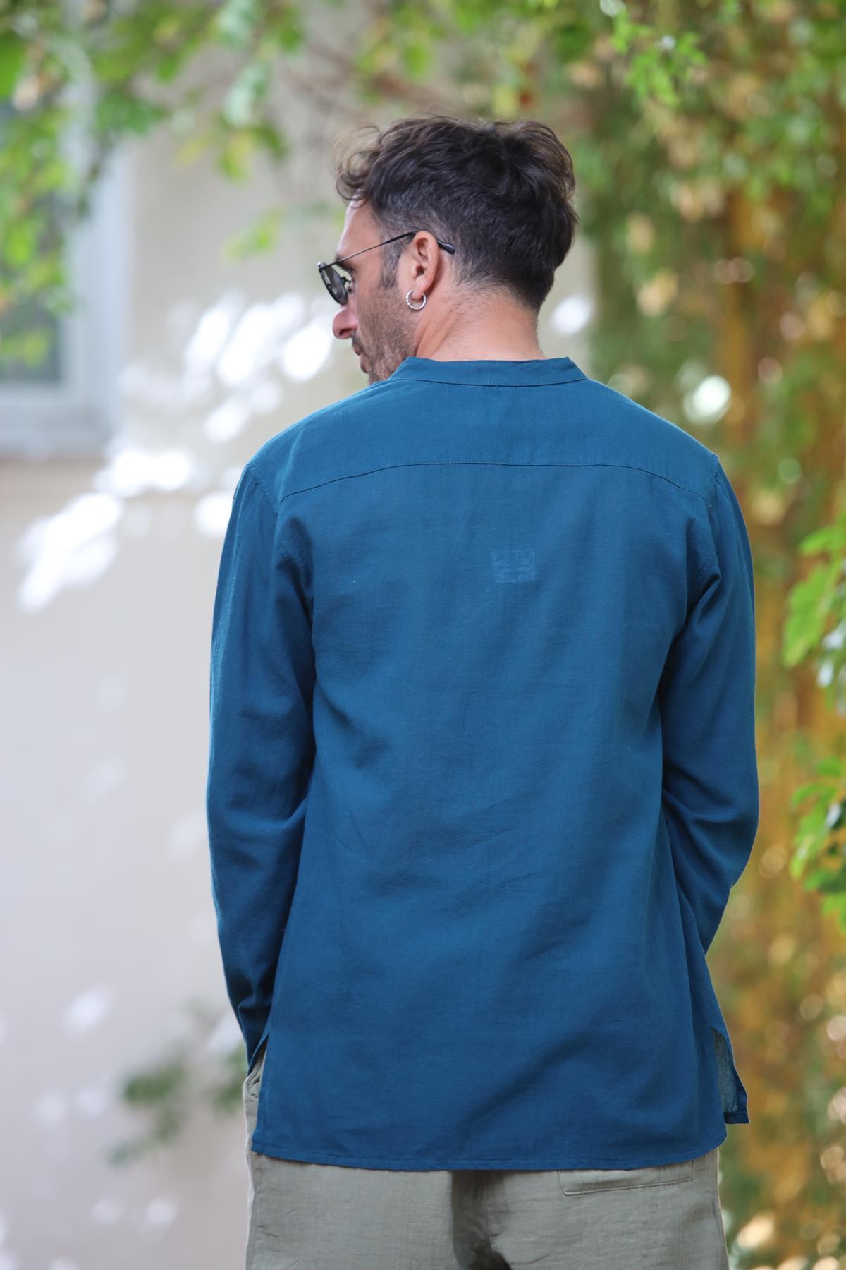 Petrol Mavisi Hakim Yaka Nakış Detaylı Pamuk Gömlek