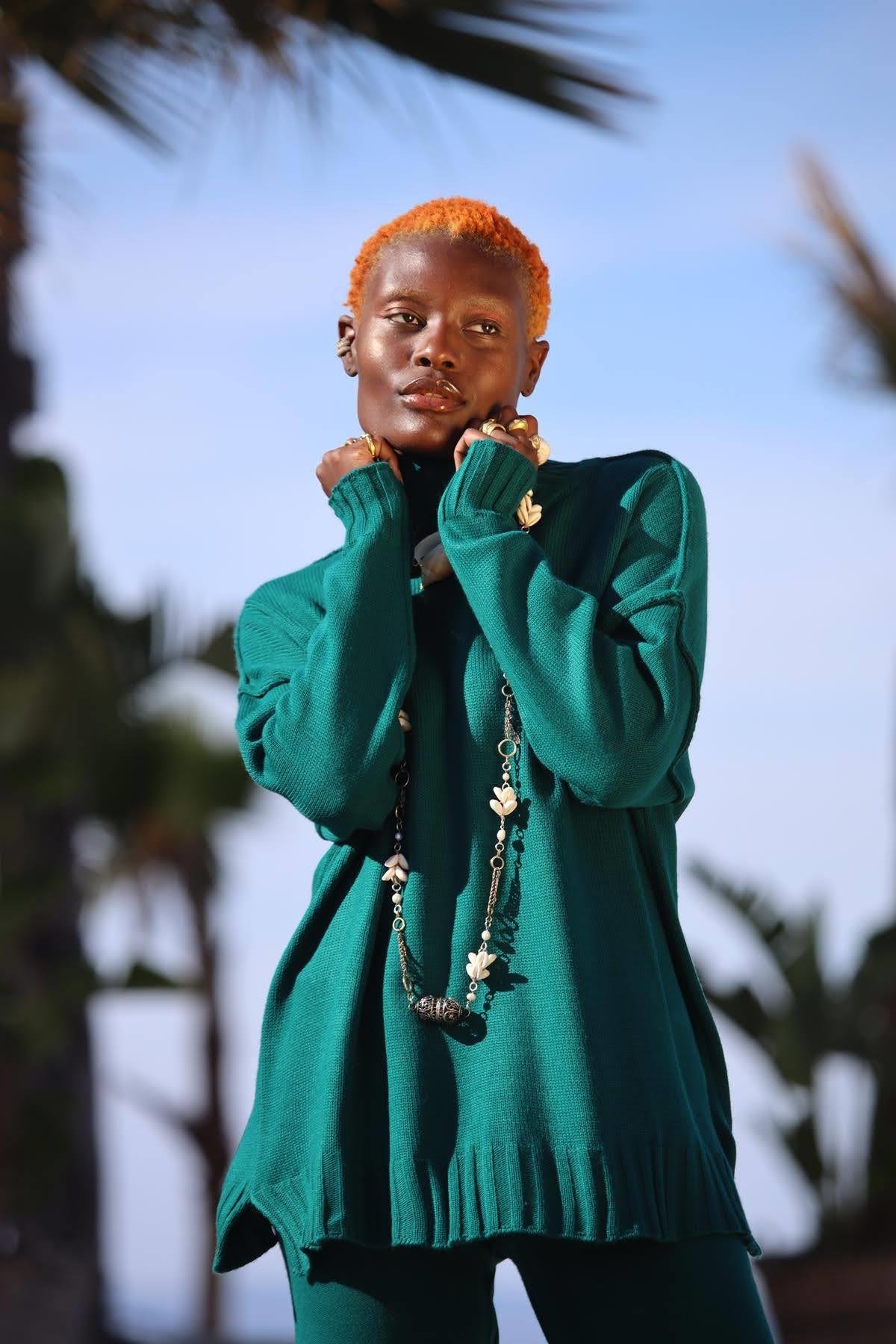 Petrol Yeşili Balıkçı Yaka Kazak ve Triko Pantolon Takım