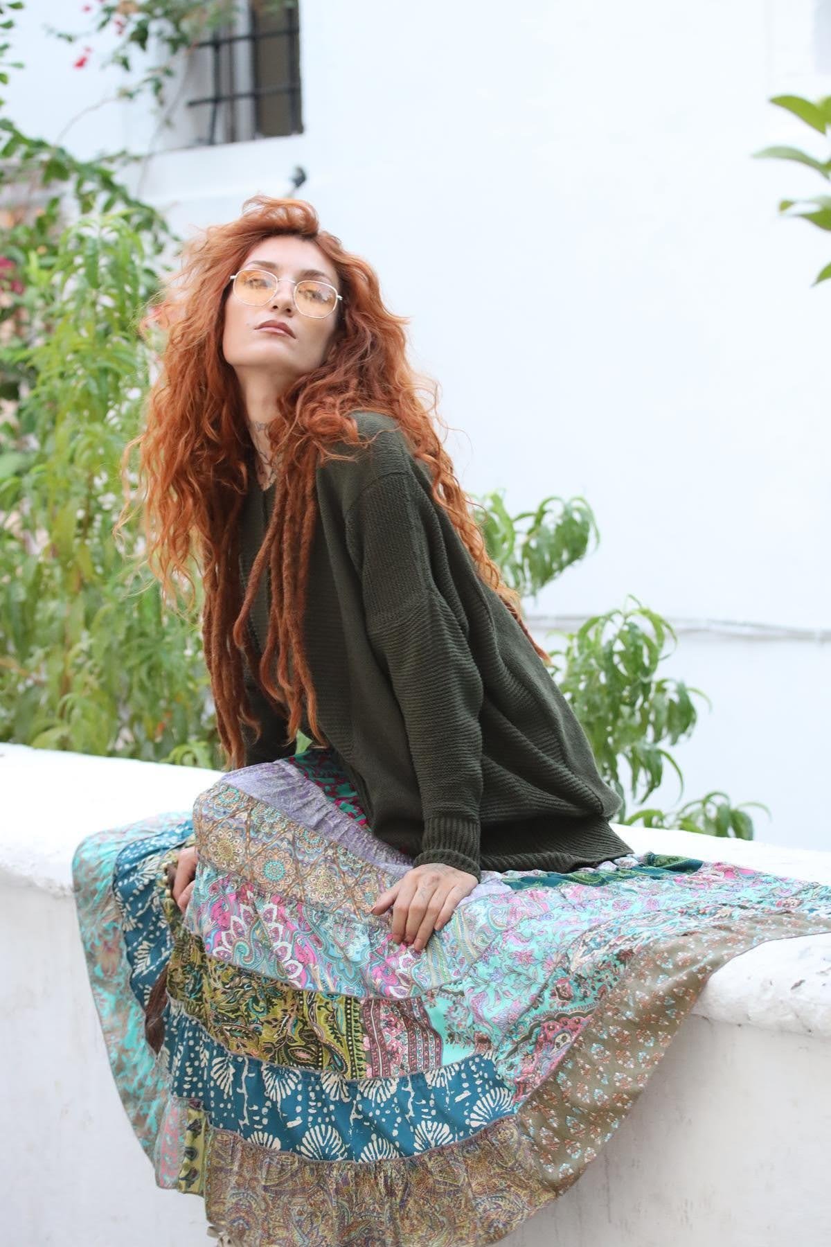 Renkli Patchwork Otantik İpek Etek