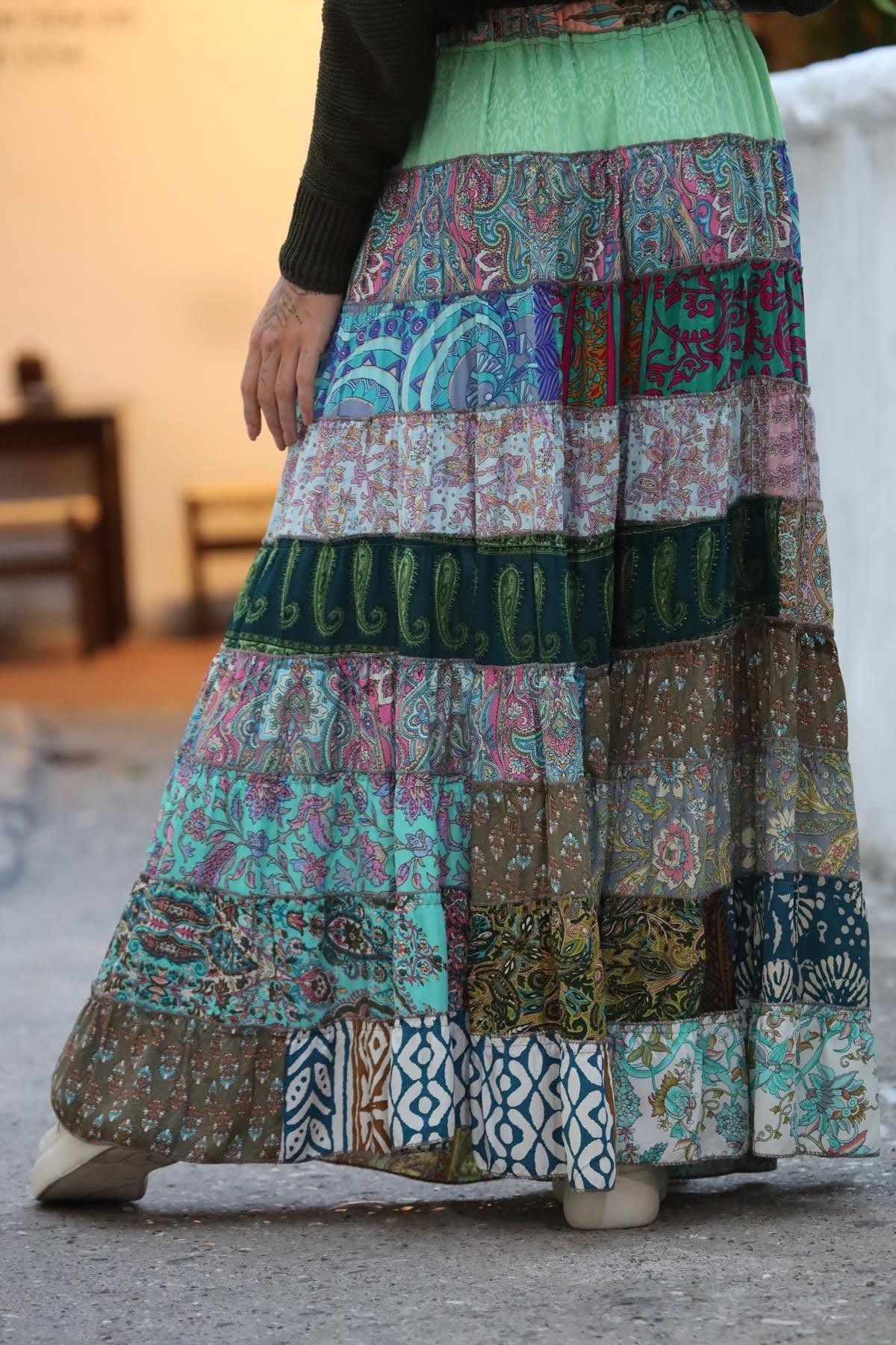 Renkli Patchwork Otantik İpek Etek