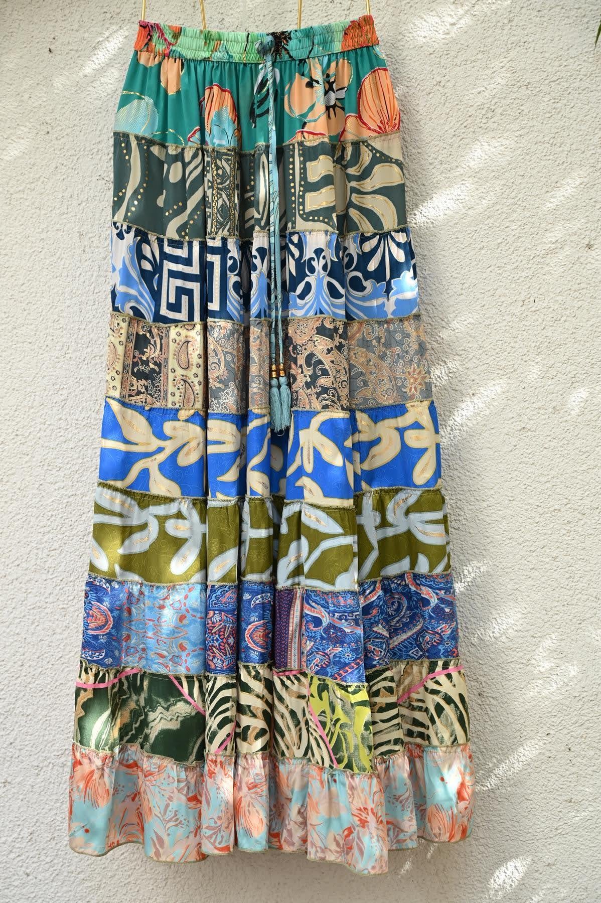 Renkli Patchwork Otantik İpek Etek