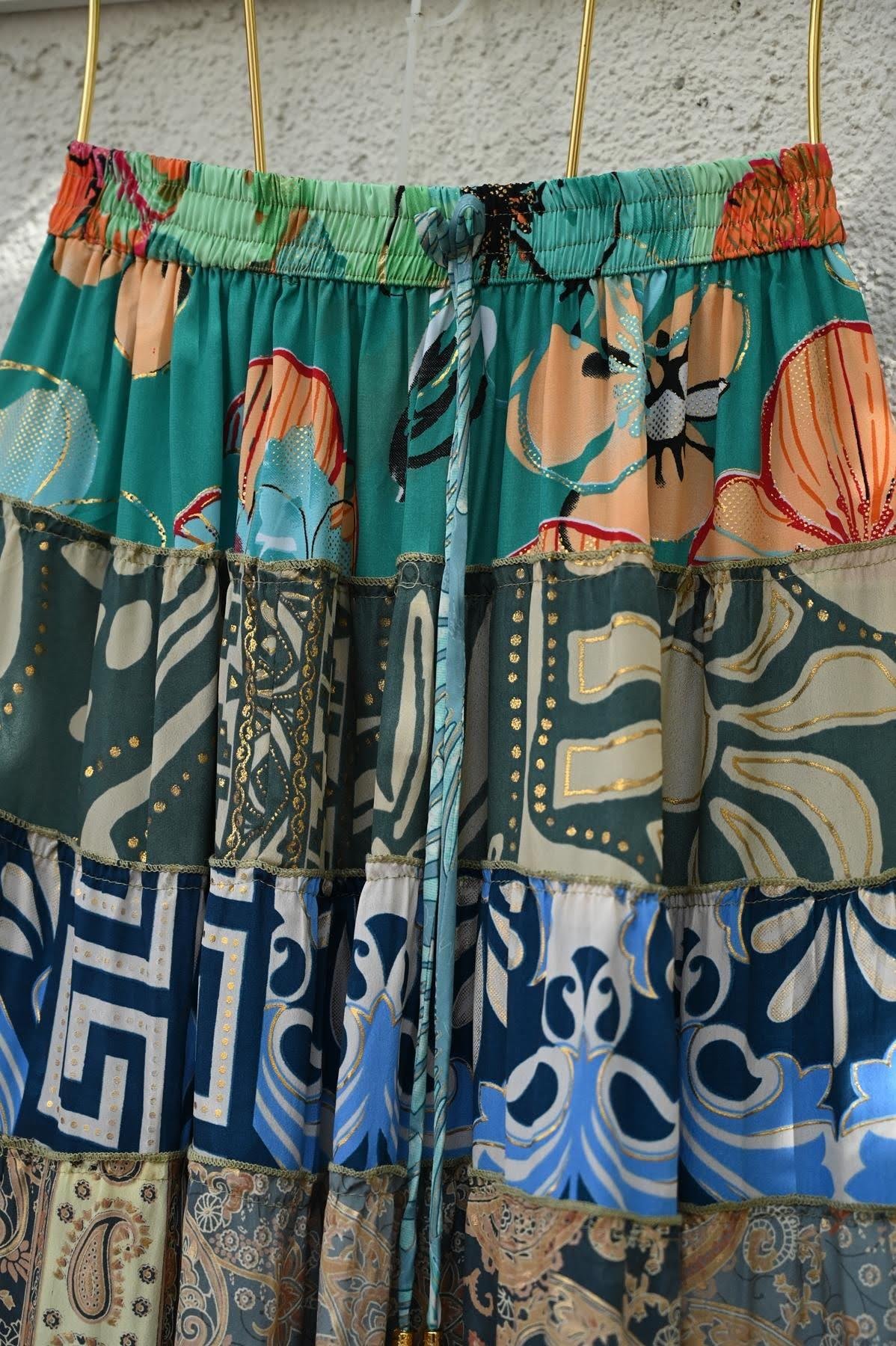 Renkli Patchwork Otantik İpek Etek