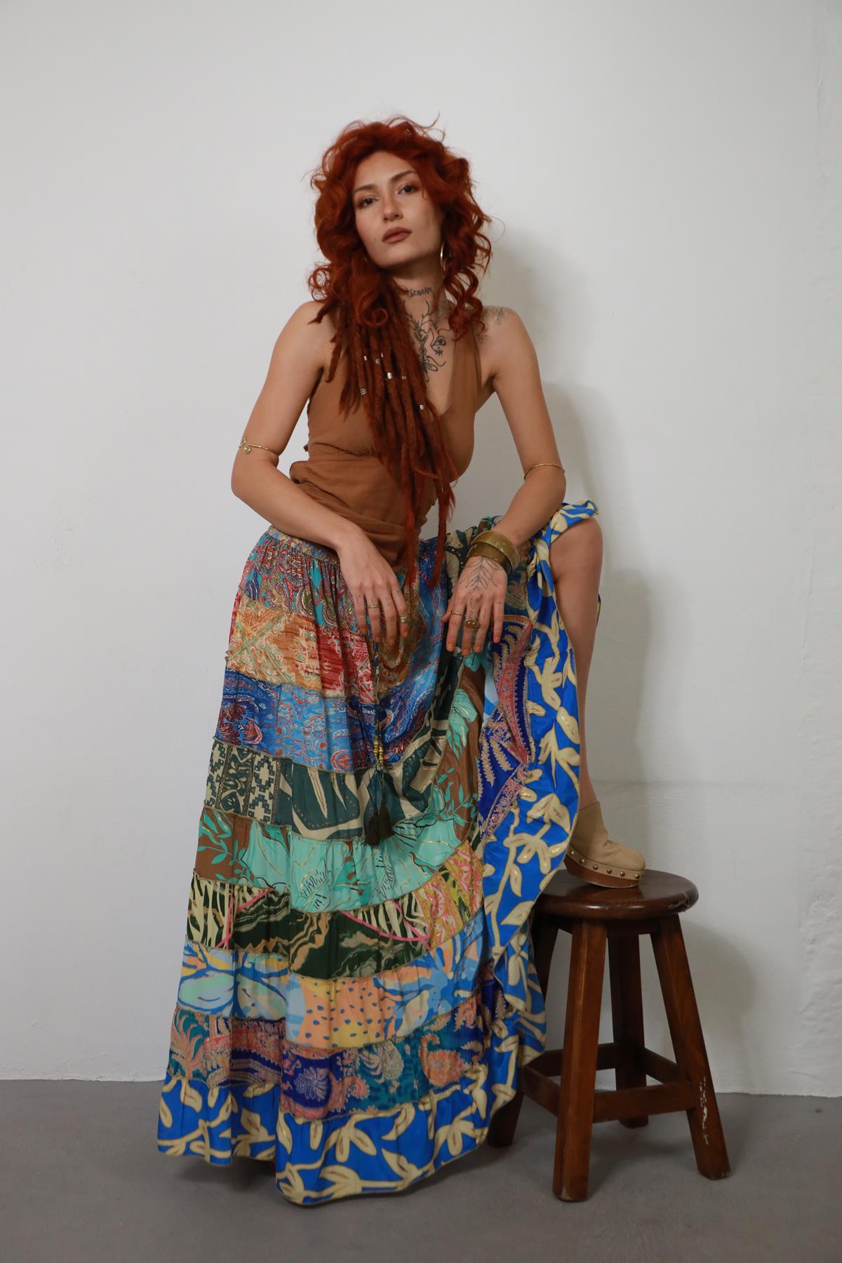 Renkli Patchwork Otantik İpek Etek