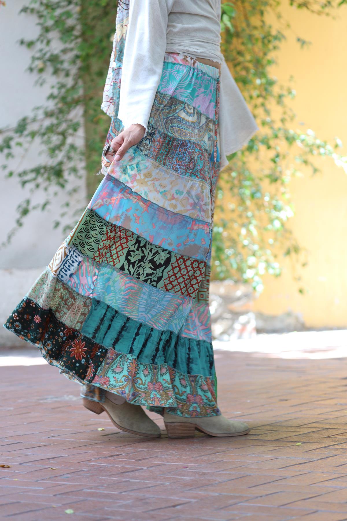 Renkli Patchwork Otantik İpek Etek