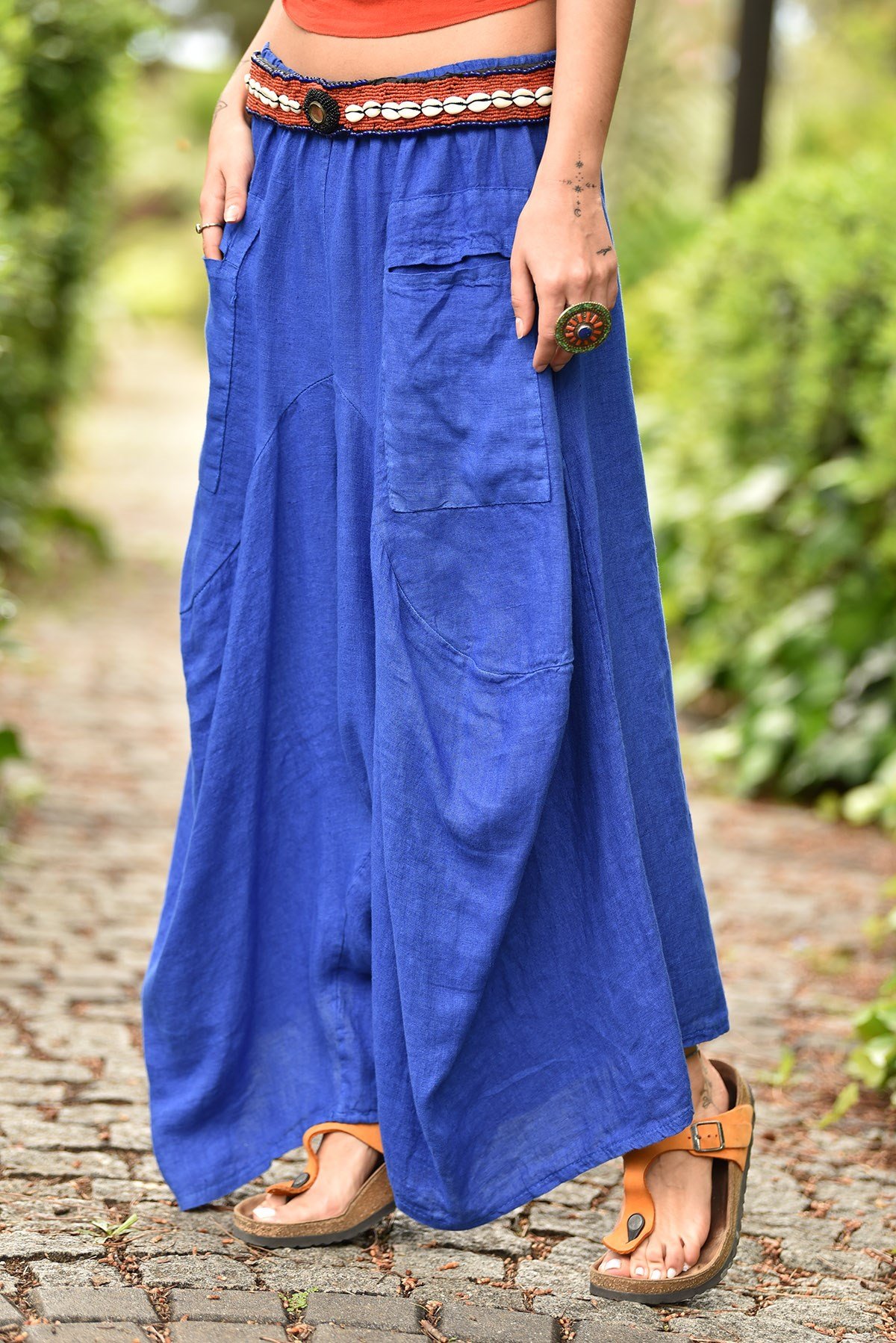 Saks Mavi Kontes Keten Şalvar