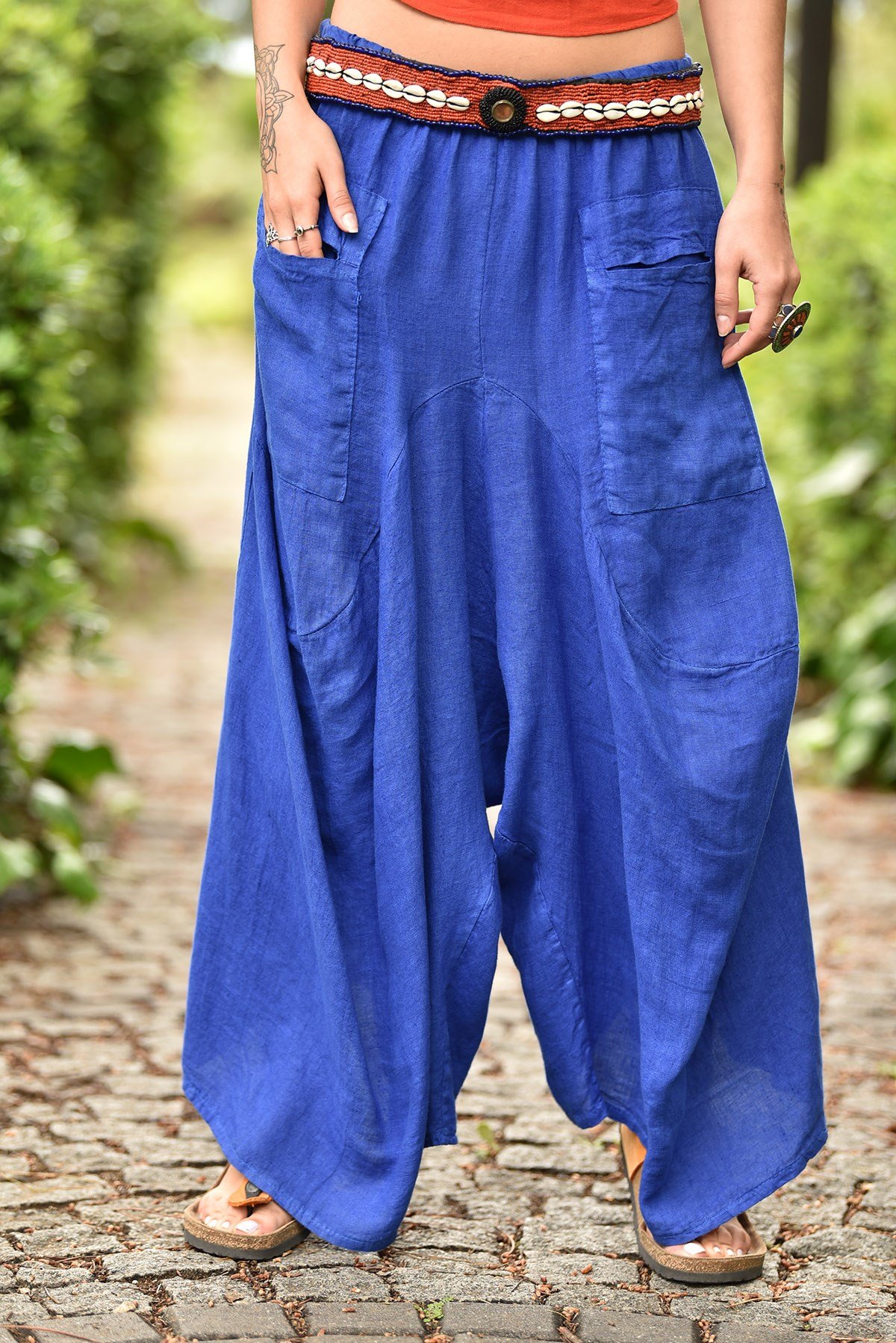 Saks Mavi Kontes Keten Şalvar