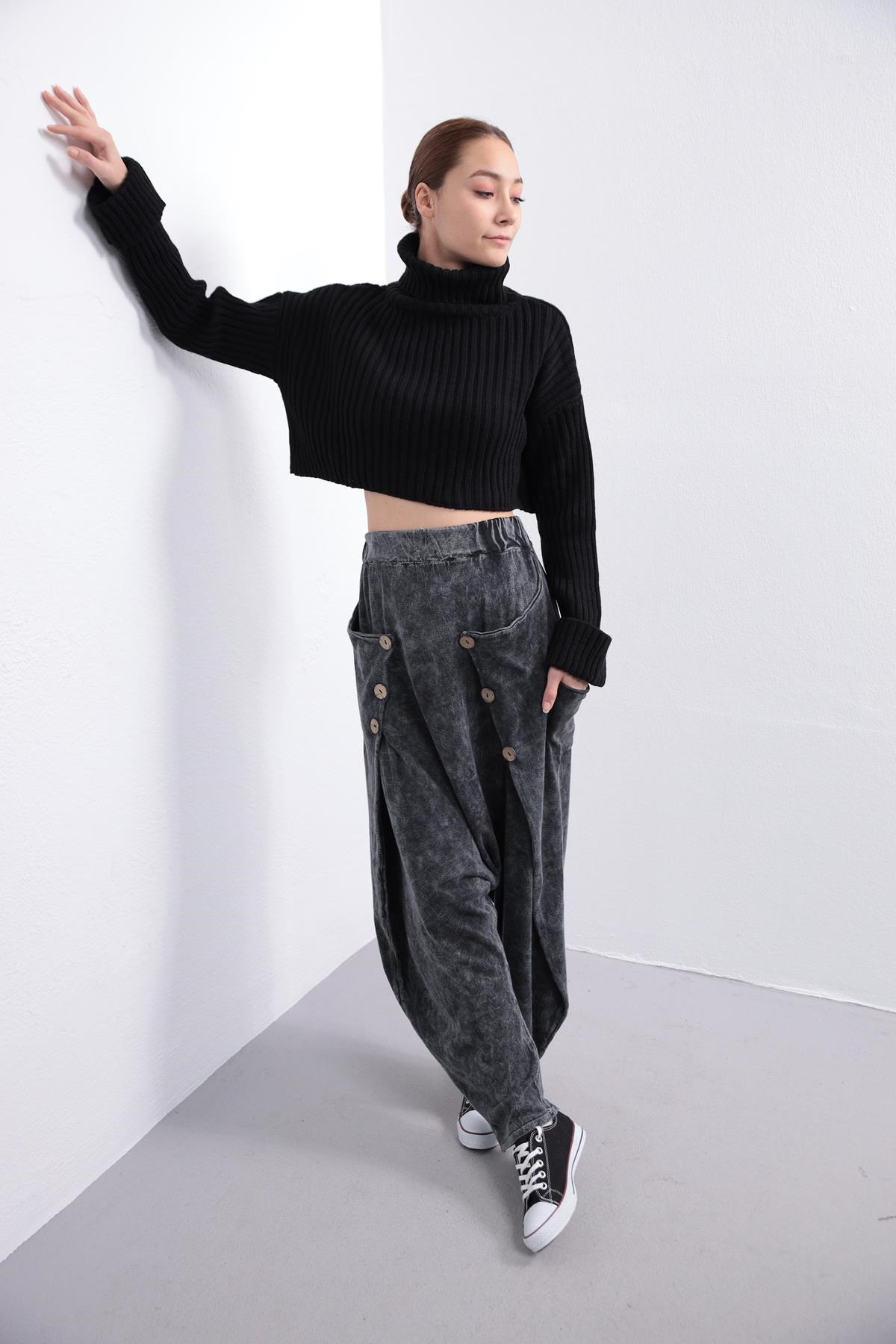 Anthracite Elastic Waist Buttoned Sides Drop Crotch Baggy Pants - Saman Butik | Shop Online Anthracite Elastic Waist Buttoned Sides Drop Crotch Baggy Pants
