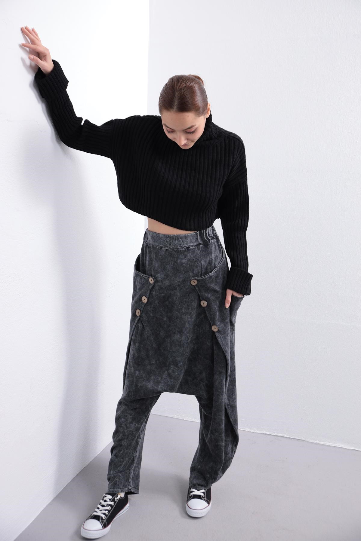 Anthracite Elastic Waist Buttoned Sides Drop Crotch Baggy Pants - Saman Butik | Shop Online Anthracite Elastic Waist Buttoned Sides Drop Crotch Baggy Pants