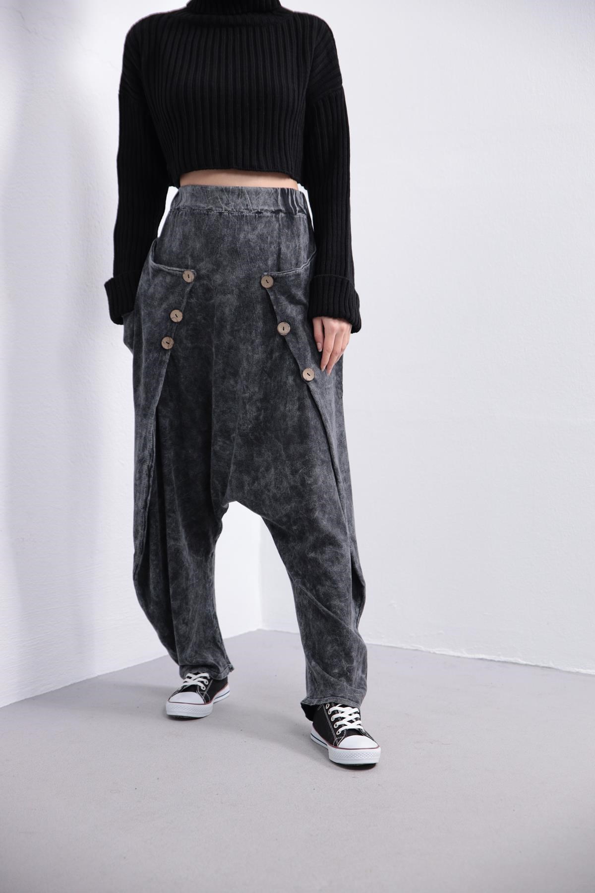 Anthracite Elastic Waist Buttoned Sides Drop Crotch Baggy Pants - Saman Butik | Shop Online Anthracite Elastic Waist Buttoned Sides Drop Crotch Baggy Pants