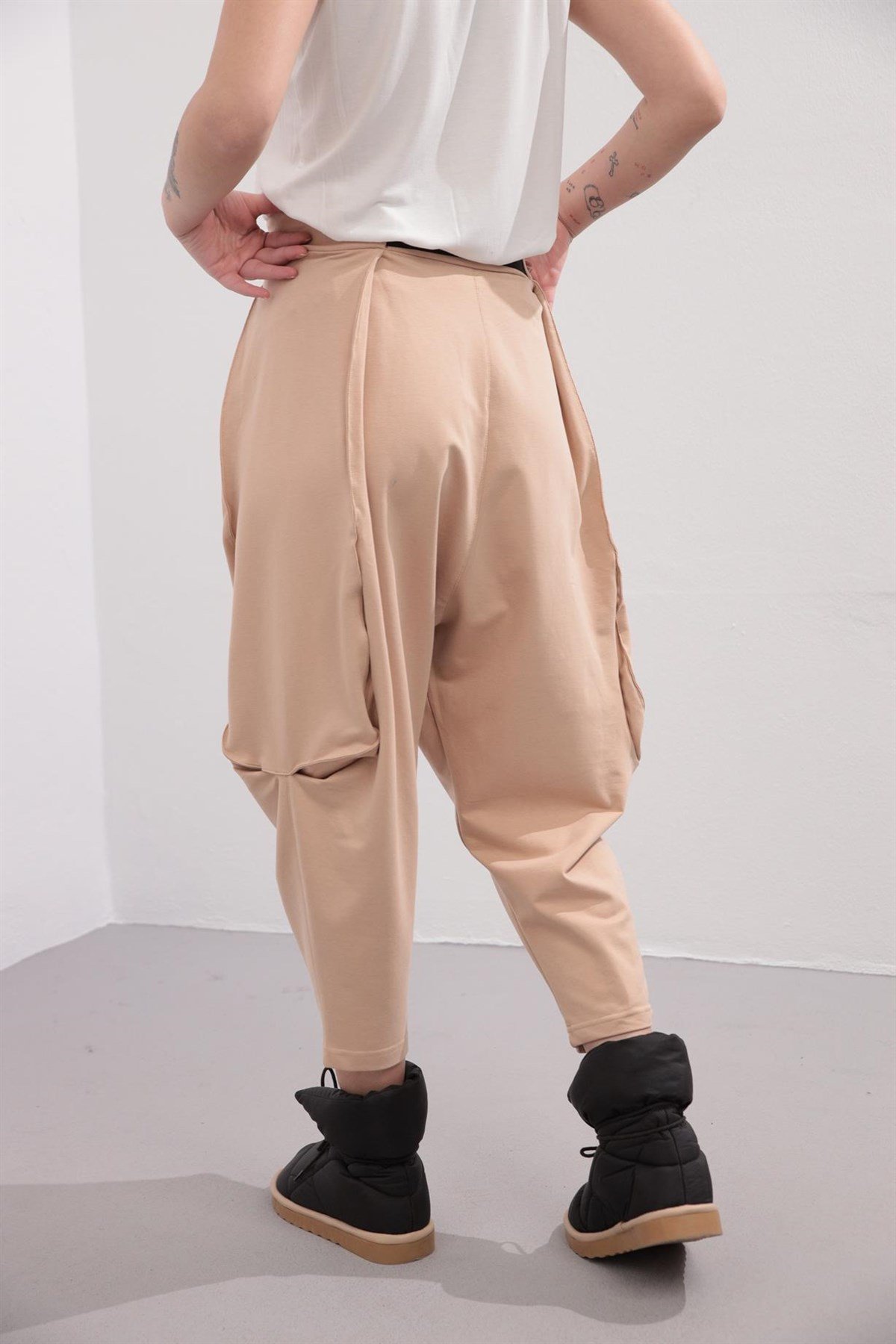 Beige Belted Drop Crotch Trousers - Saman Butik | Shop Online Beige Belted Drop Crotch Trousers