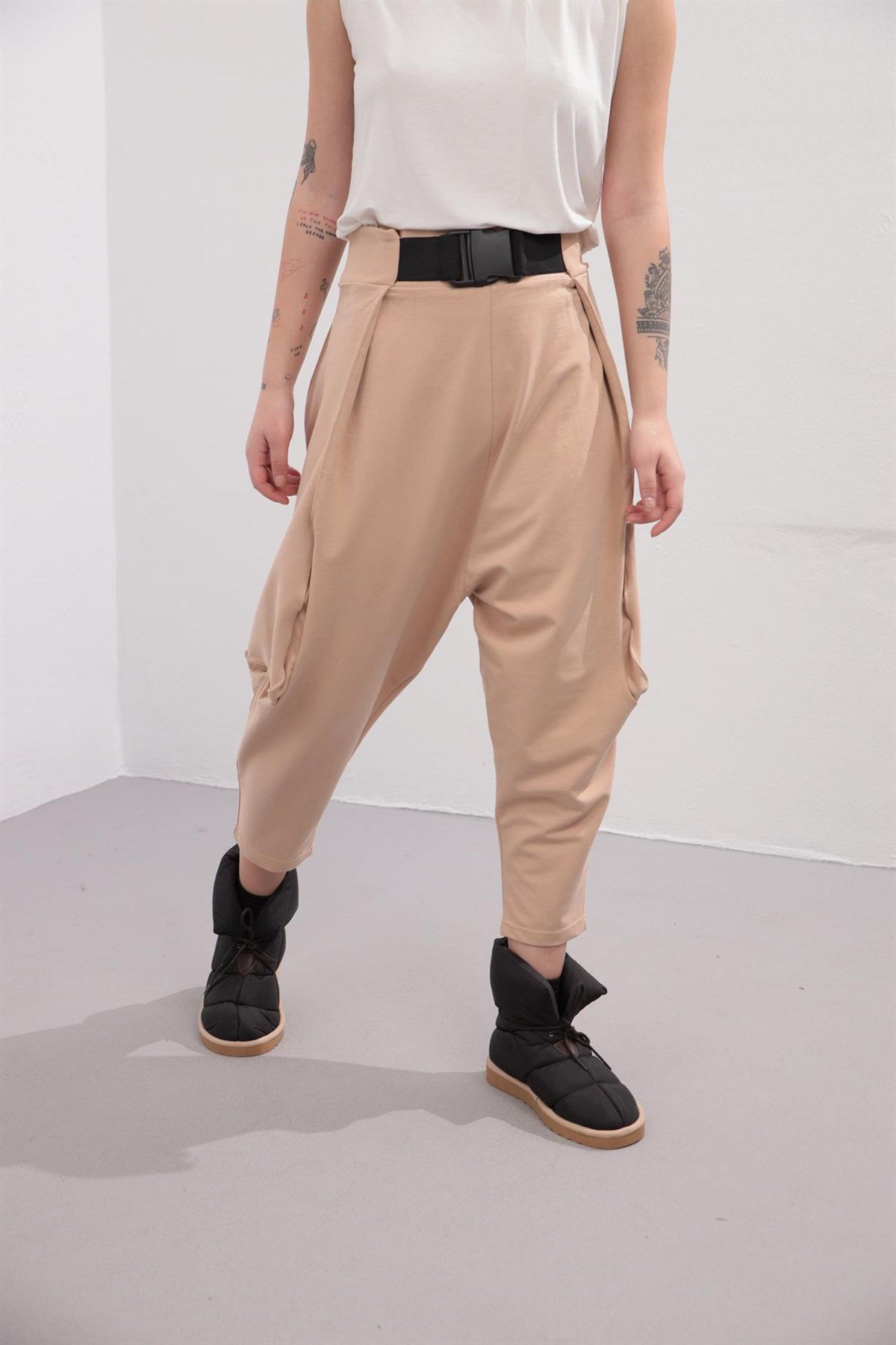 Beige Belted Drop Crotch Trousers - Saman Butik | Shop Online Beige Belted Drop Crotch Trousers