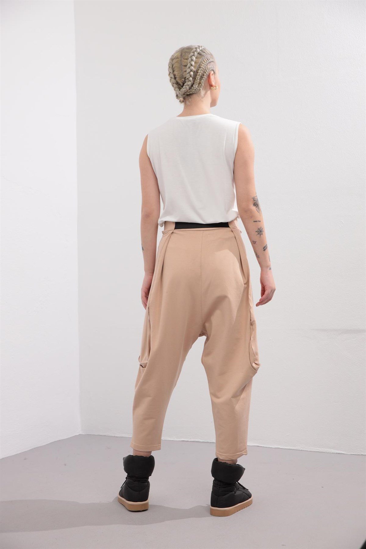 Beige Belted Drop Crotch Trousers - Saman Butik | Shop Online Beige Belted Drop Crotch Trousers