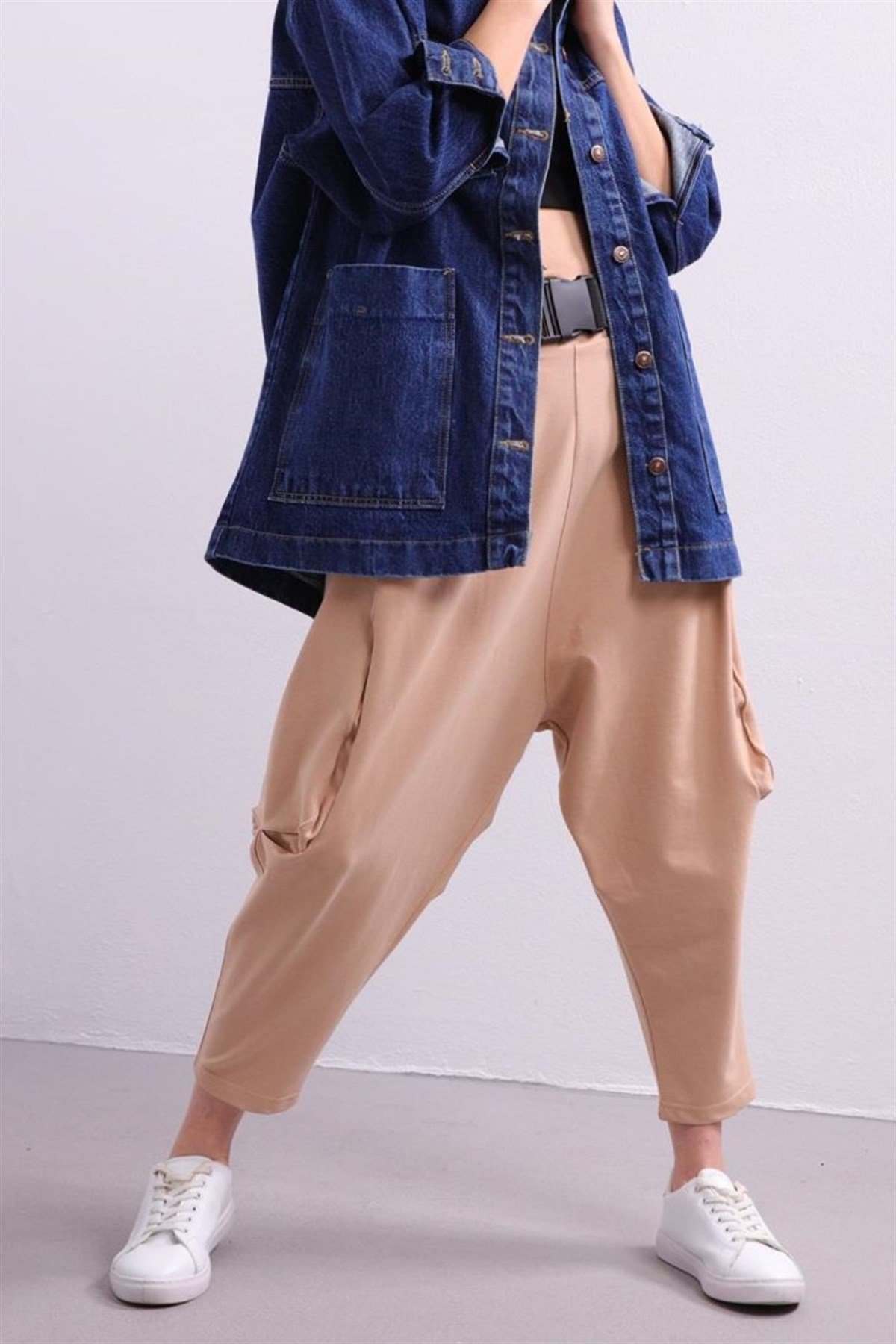 Beige Belted Drop Crotch Trousers - Saman Butik | Shop Online Beige Belted Drop Crotch Trousers