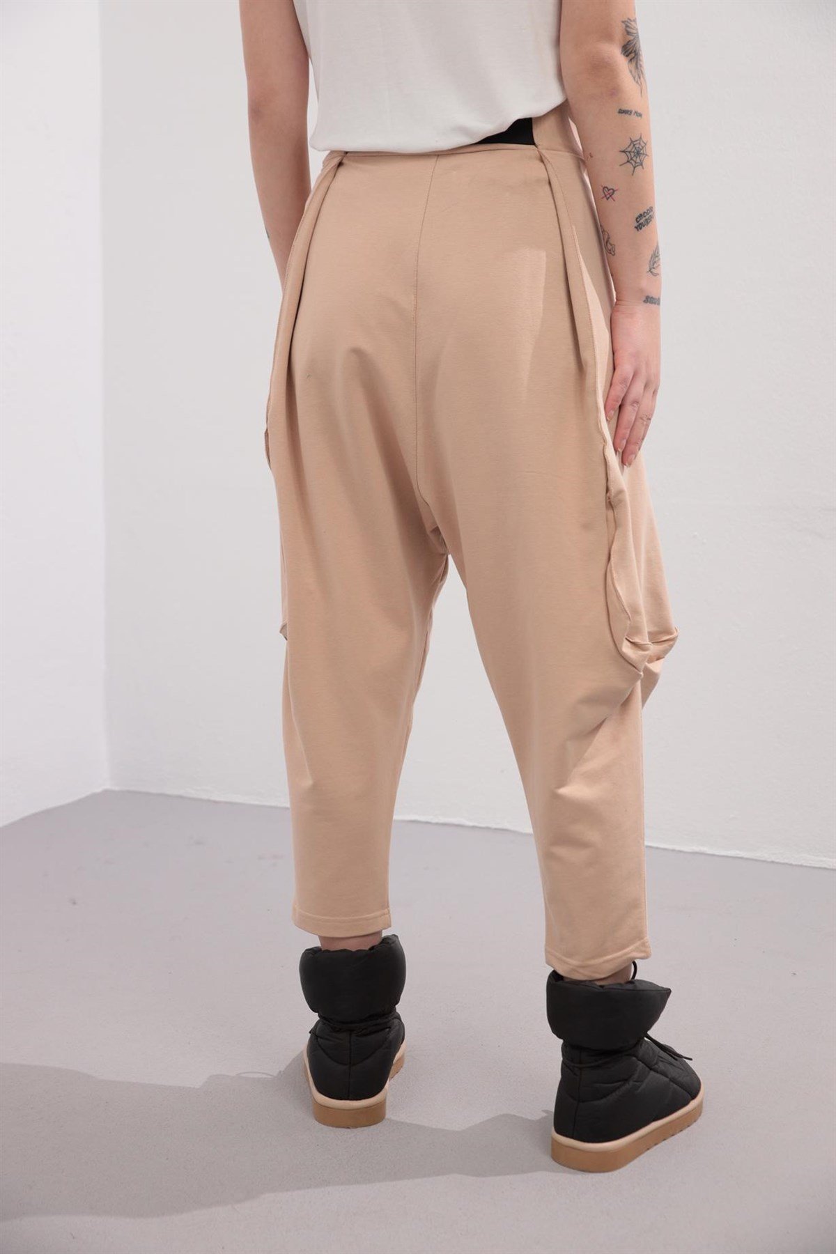 Beige Belted Drop Crotch Trousers - Saman Butik | Shop Online Beige Belted Drop Crotch Trousers