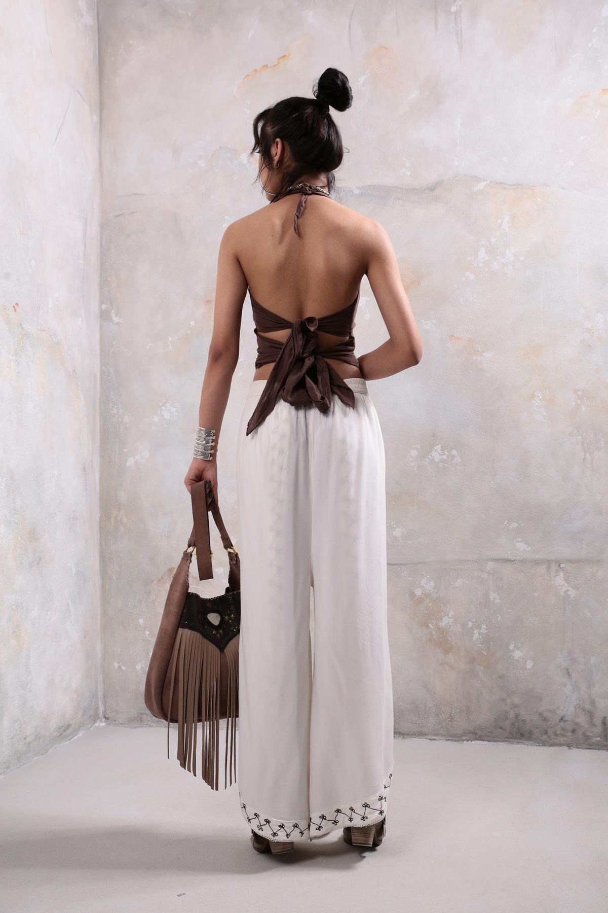  Ekru Kruvaze İşlemeli Pul Detay Harem Şalvar