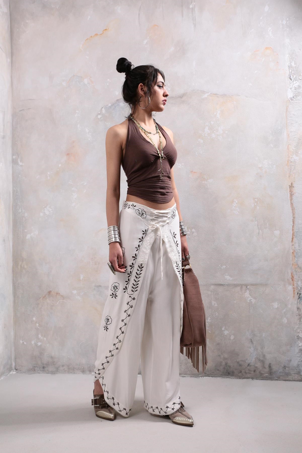  Ekru Kruvaze İşlemeli Pul Detay Harem Şalvar