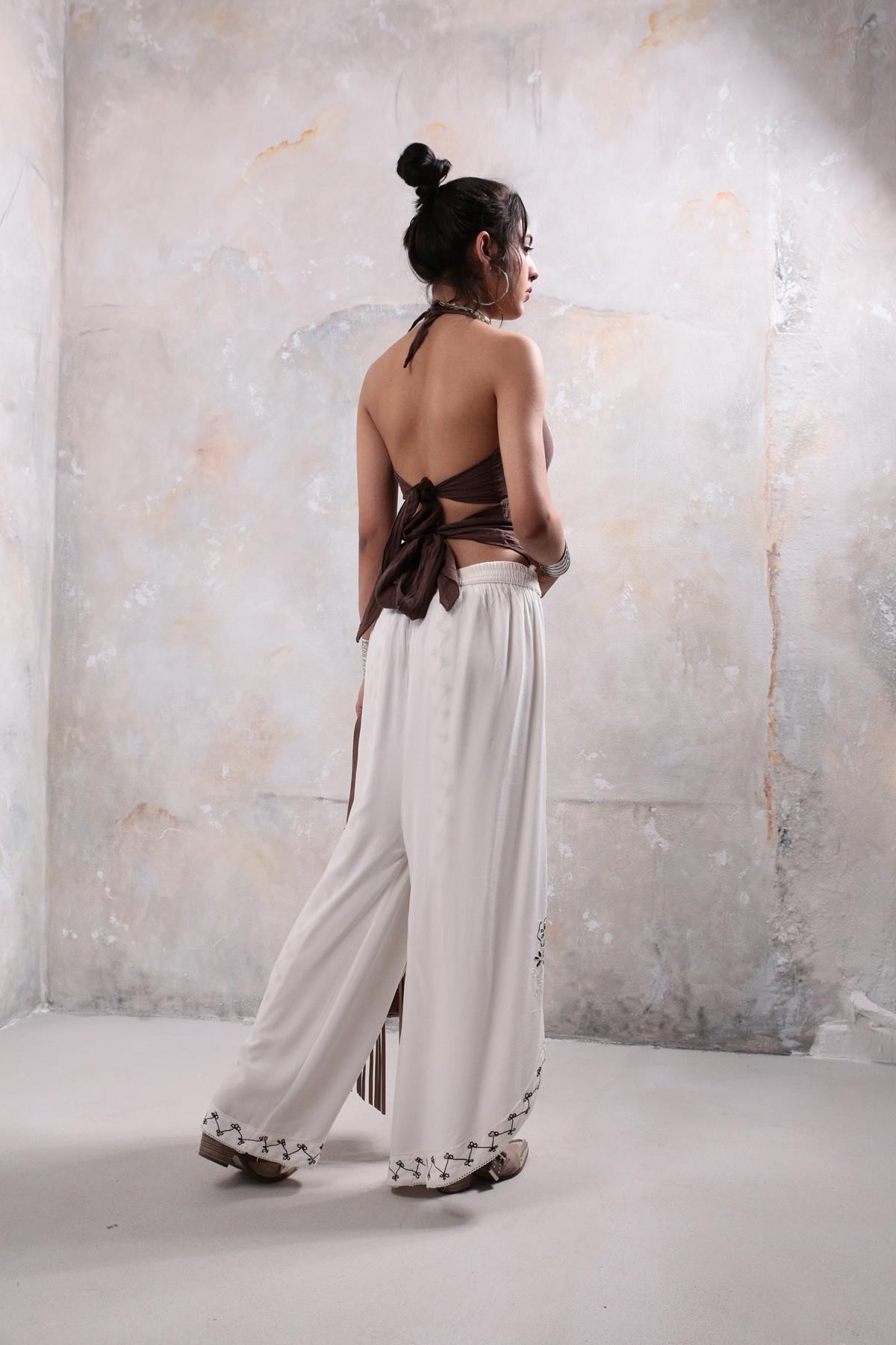  Ekru Kruvaze İşlemeli Pul Detay Harem Şalvar