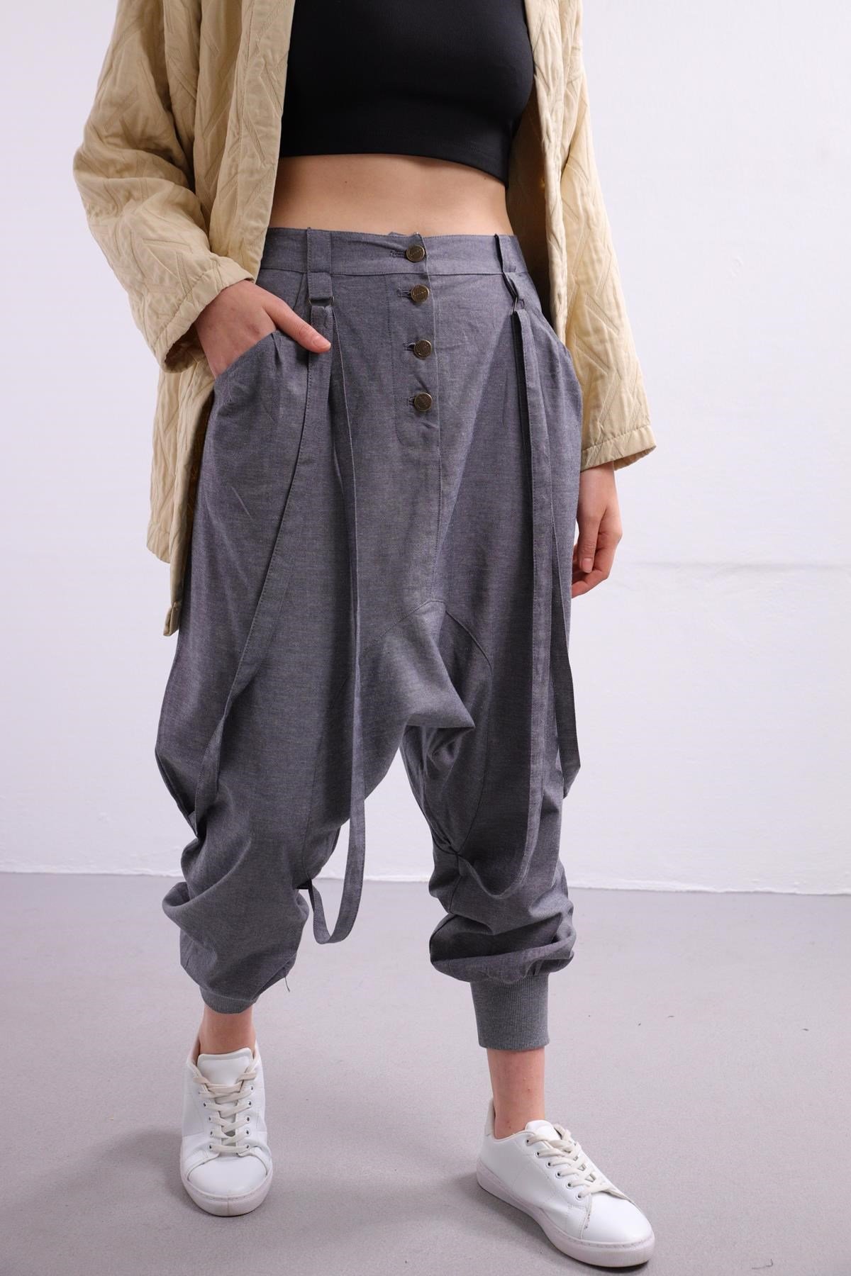 Grey Harem Trouser with Ropes  - Şaman Butik | Boho Fashion Grey Harem Trouser with Ropes 