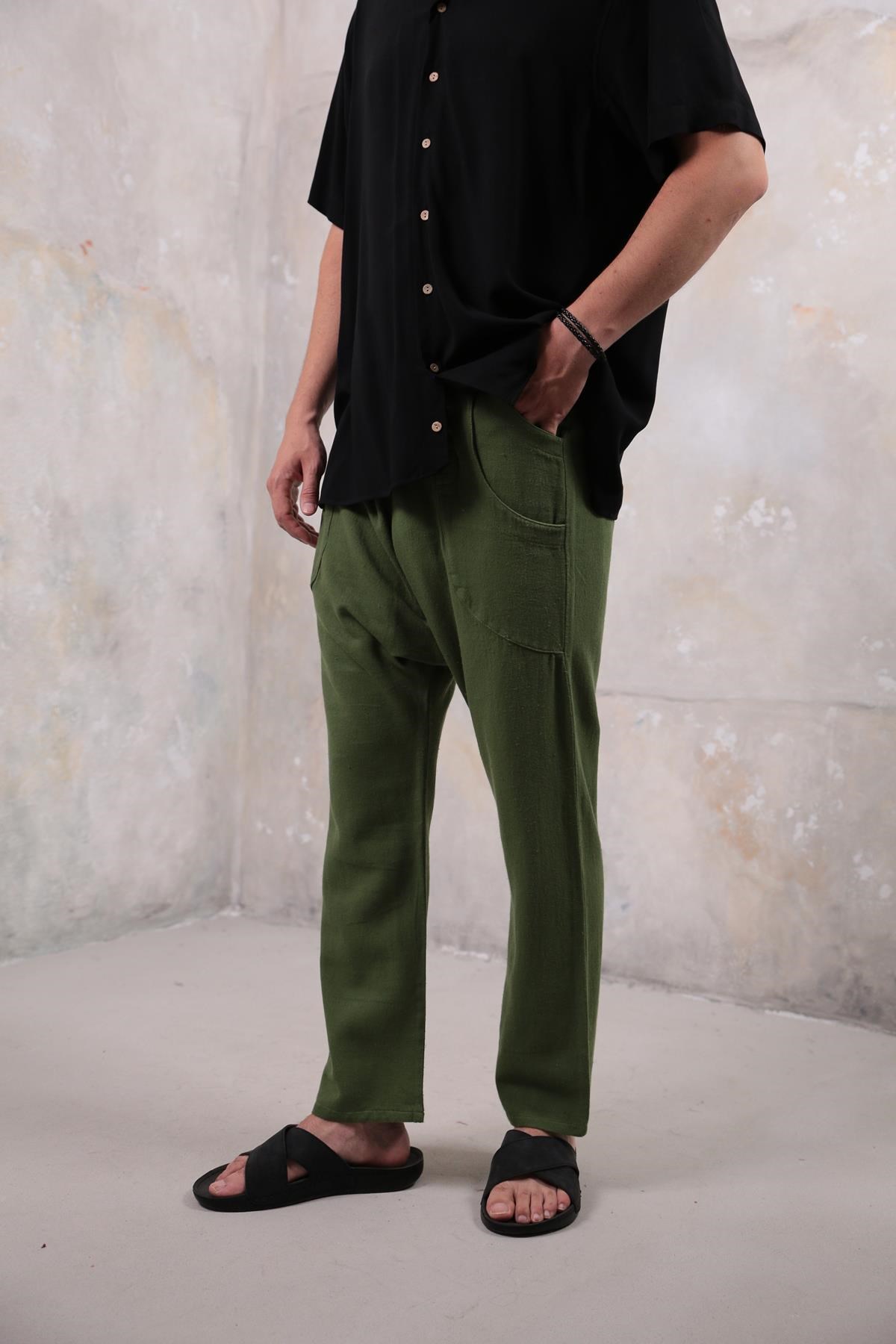  Haki Çift Cepli Düğme Detaylı Porto Şalvar