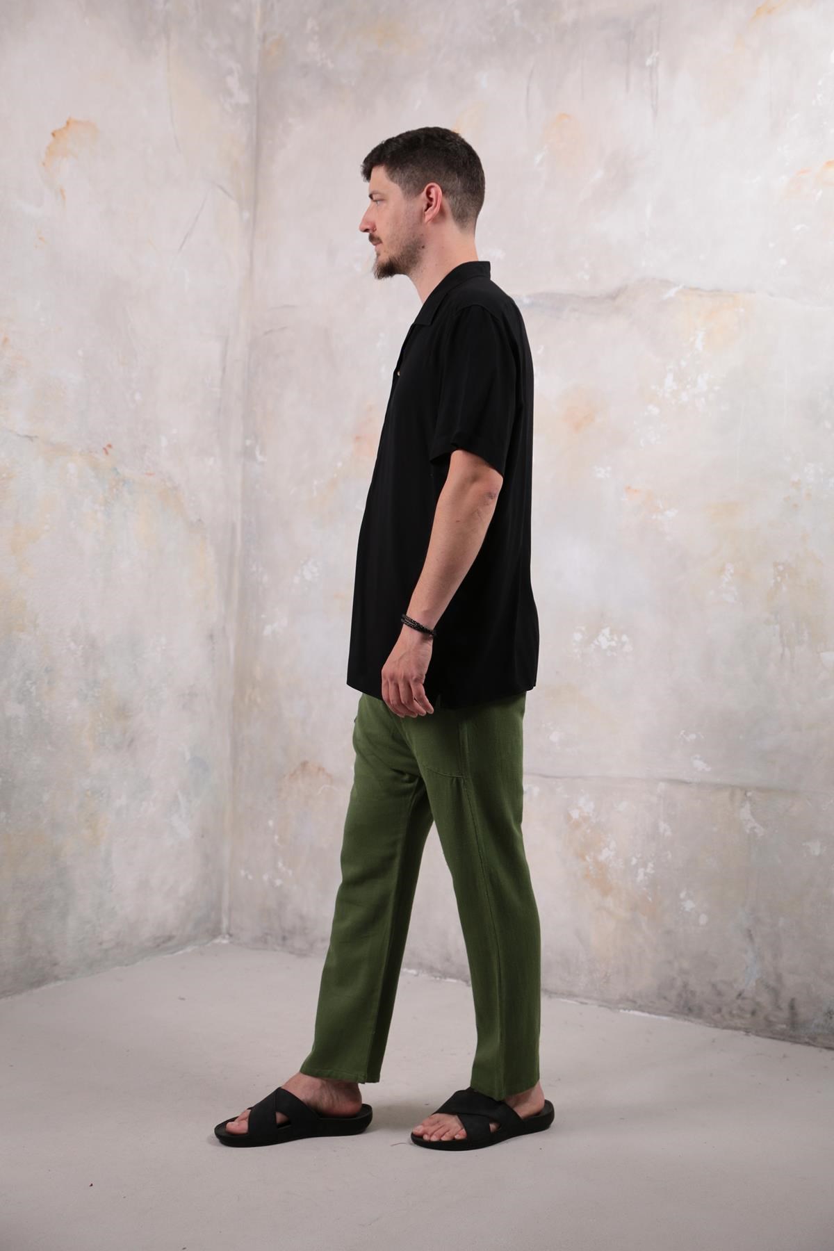  Haki Çift Cepli Düğme Detaylı Porto Şalvar