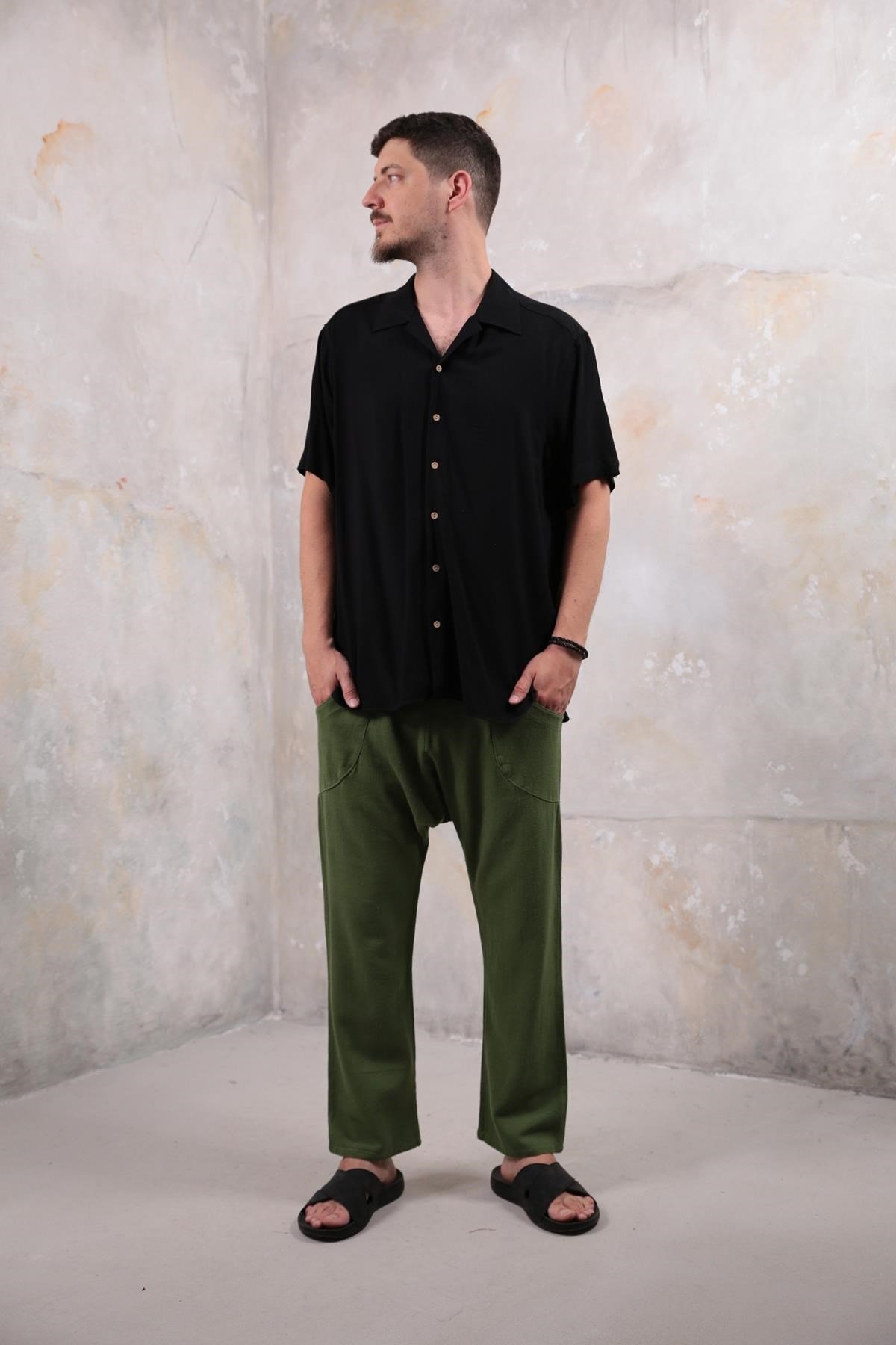  Haki Çift Cepli Düğme Detaylı Porto Şalvar