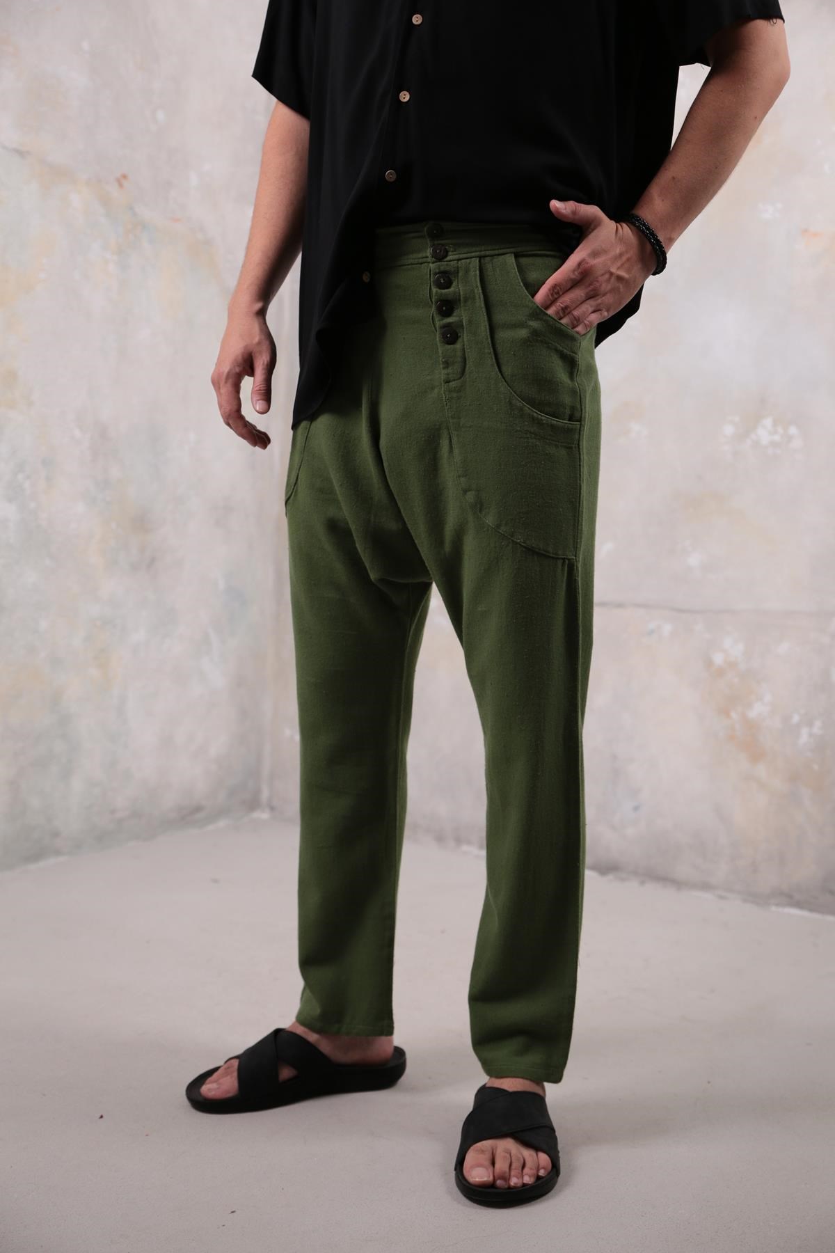  Haki Çift Cepli Düğme Detaylı Porto Şalvar