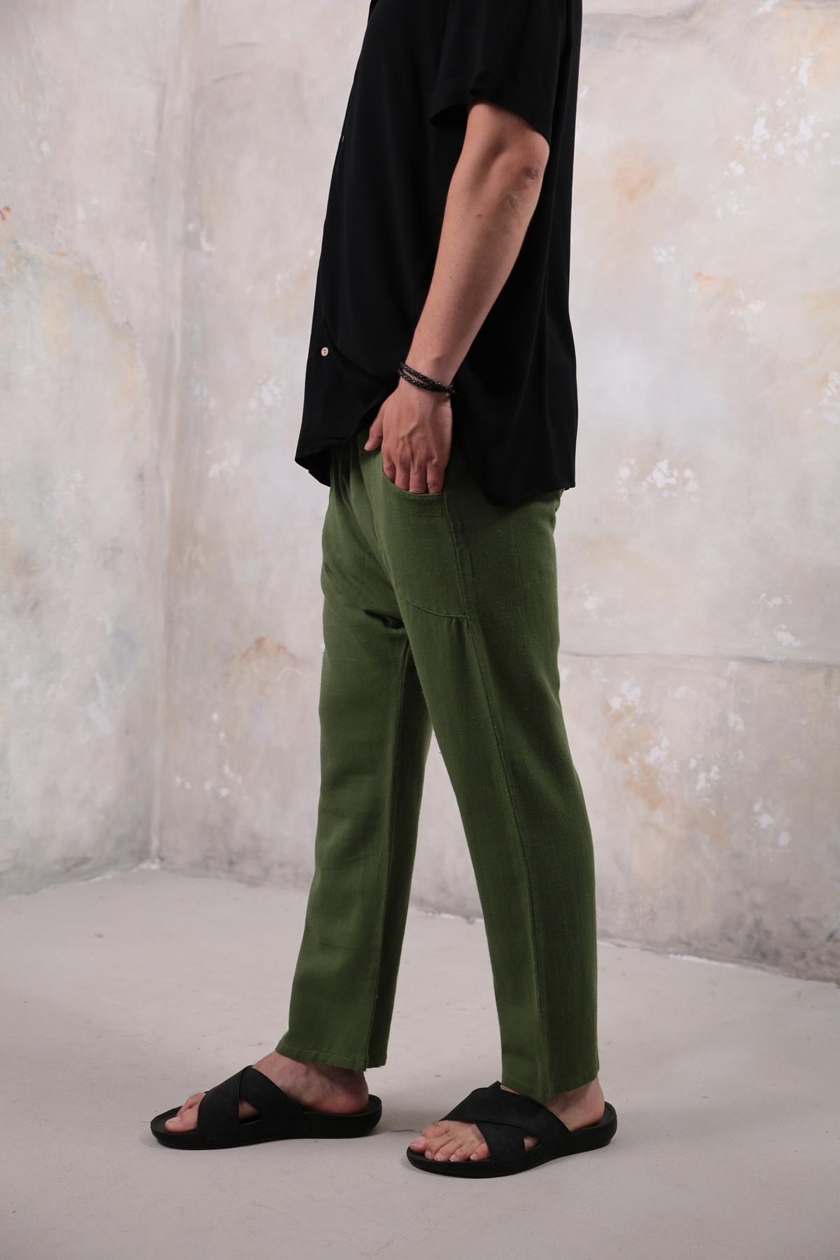  Haki Çift Cepli Düğme Detaylı Porto Şalvar