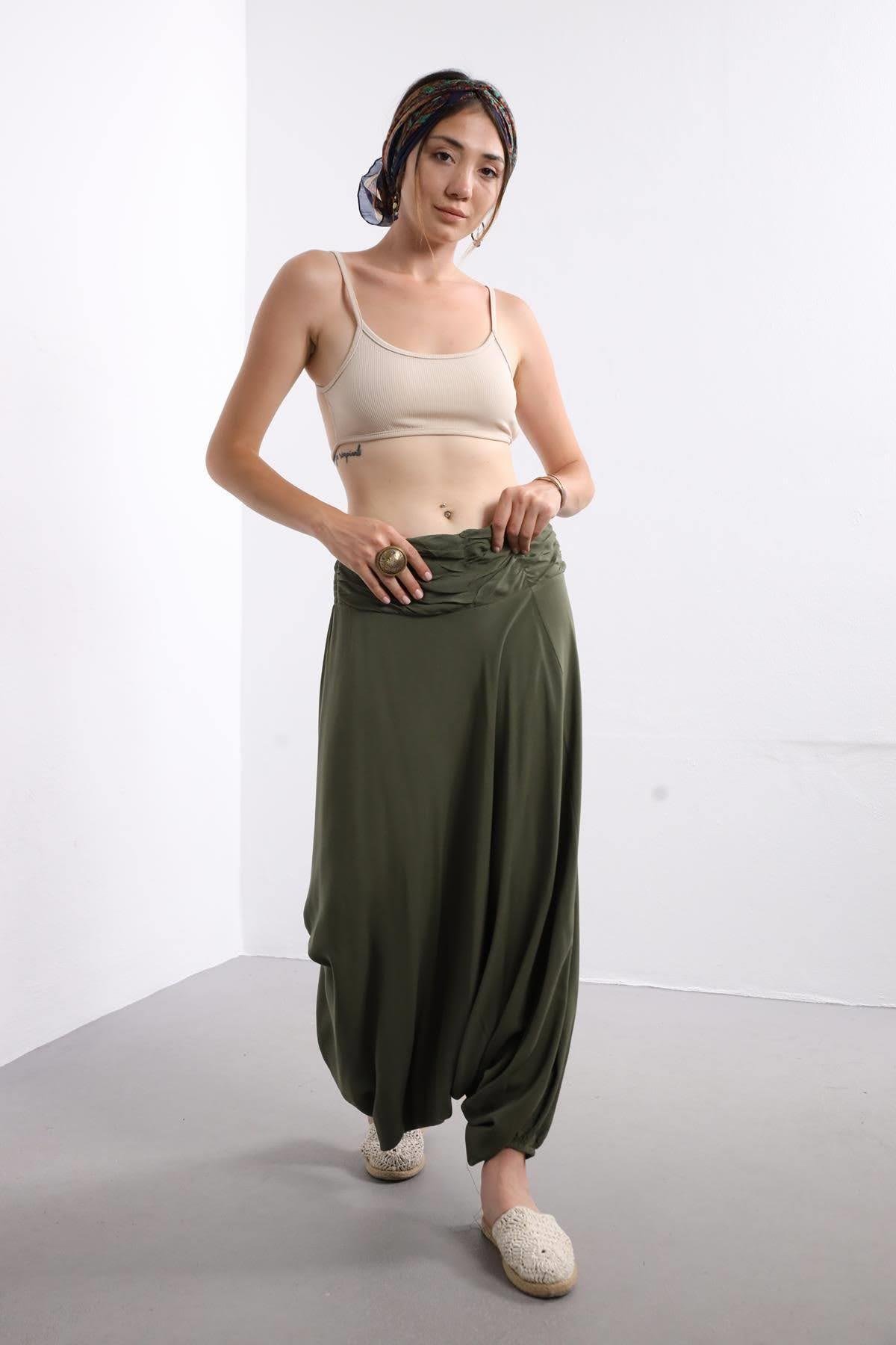  Haki Drape Düşük Ağlı Şalvar