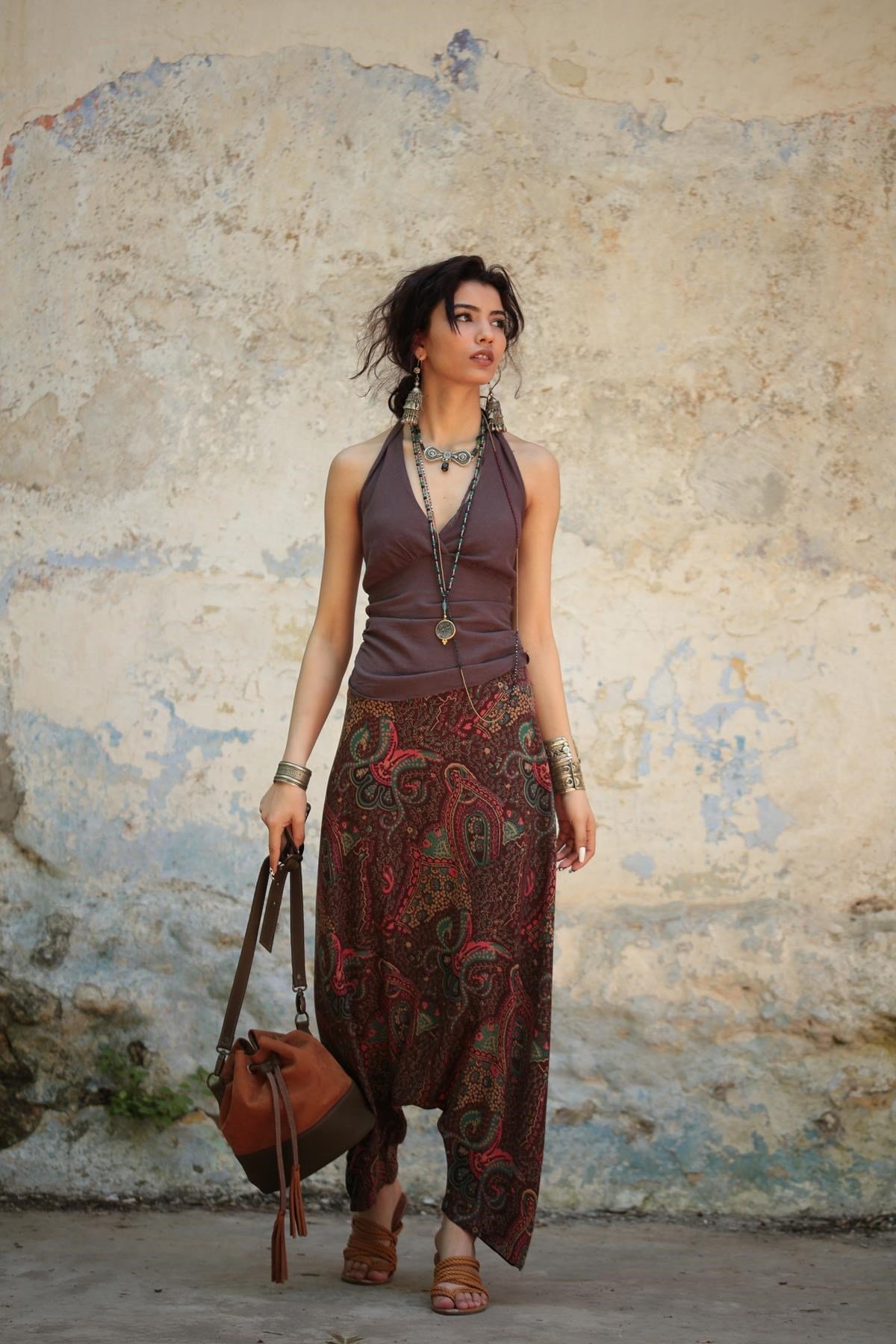  Kahverengi Otantik Desenli Fermuarlı Şalvar