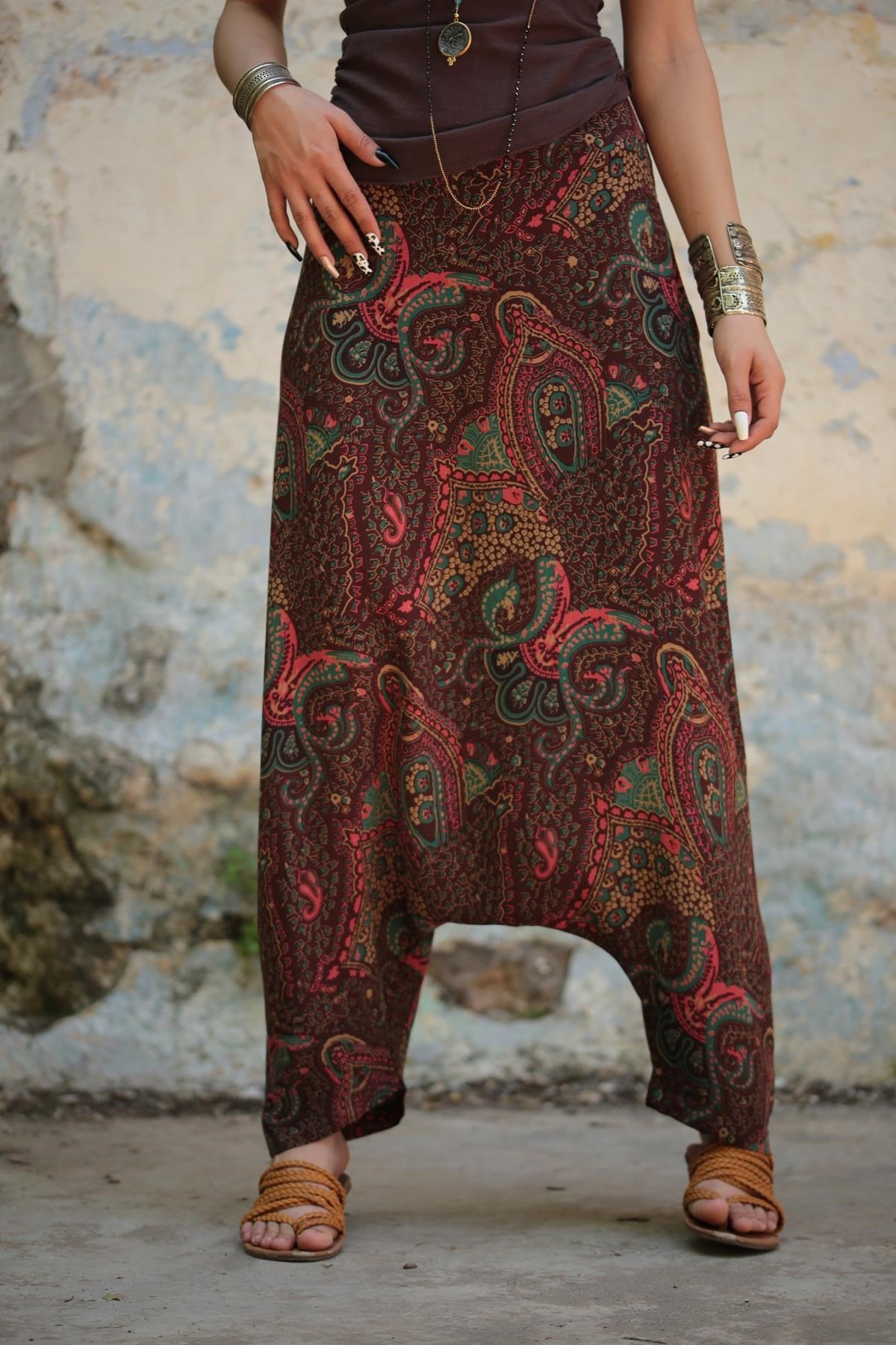  Kahverengi Otantik Desenli Fermuarlı Şalvar